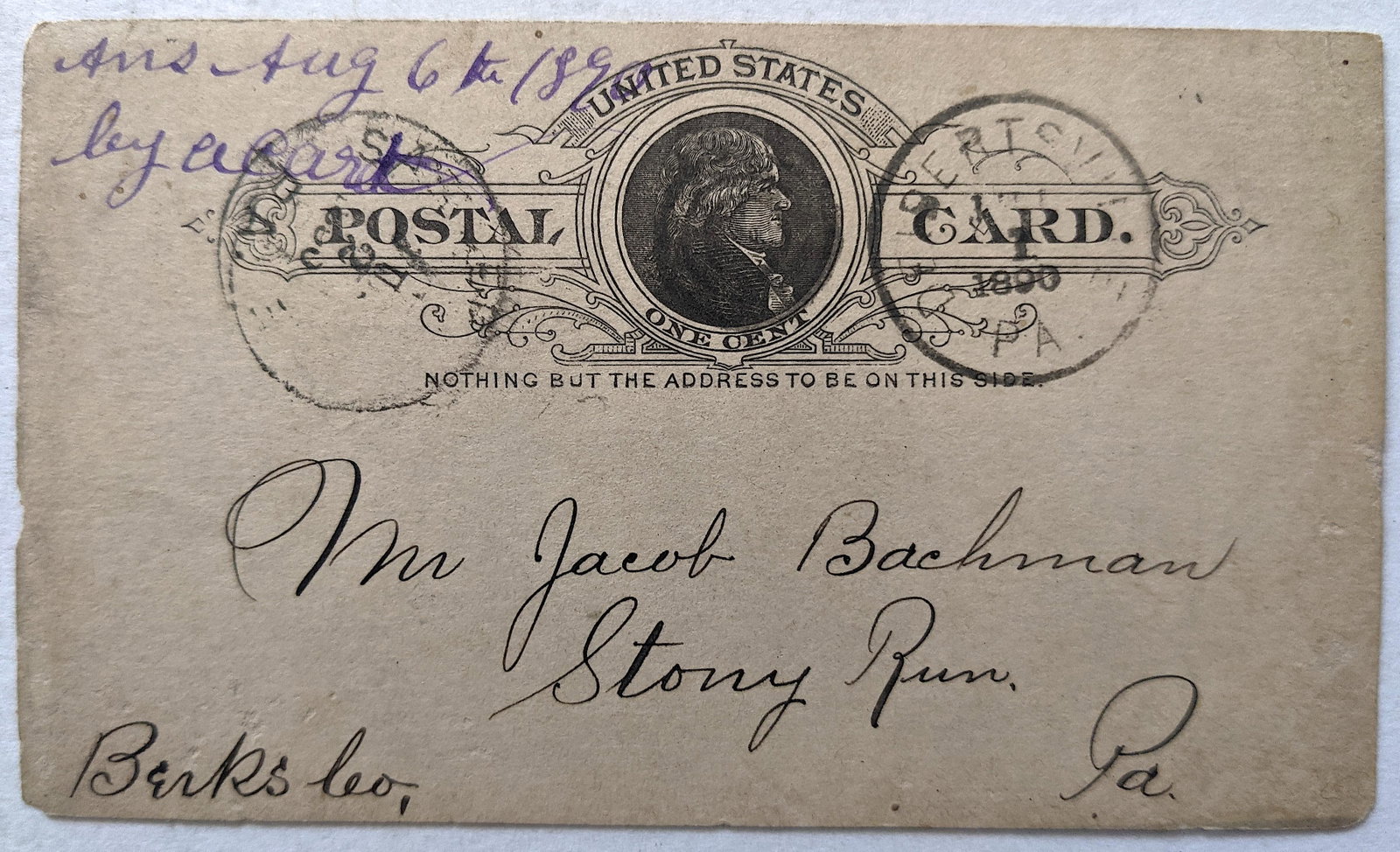 Antique United States Hand Written Postal Card, 1890: This lot is located in Boca Raton, Fl. The shipping by Artelisted will be via USPS - First Class, Priority or Media Mail (tracking # will be provided via Stamps.com). If you wish to use the "media" ma