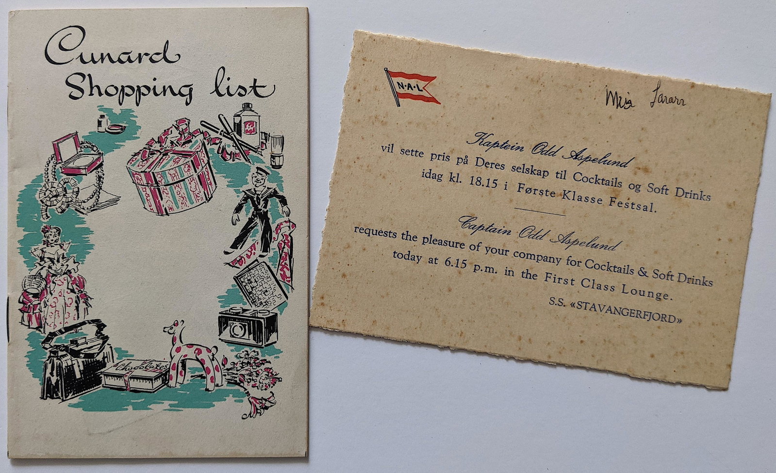 Vintage Cunard Shopping List & Card Captain Odd: This lot is located in Boca Raton, Fl. The shipping by Artelisted will be via USPS - First Class, Priority or Media Mail (tracking # will be provided via Stamps.com). If you wish to use the "media" ma