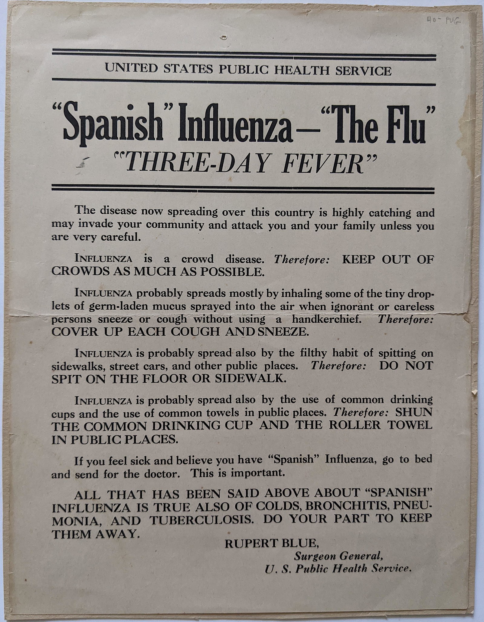 Antique Rare Spanish Flu Prevention Advice, 1910s: A very rare historical document from a collector in Central Florida. This lot is located in Boca Raton, Fl. The shipping by Artelisted will be via USPS - First Class or Priority (tracking # will be pr