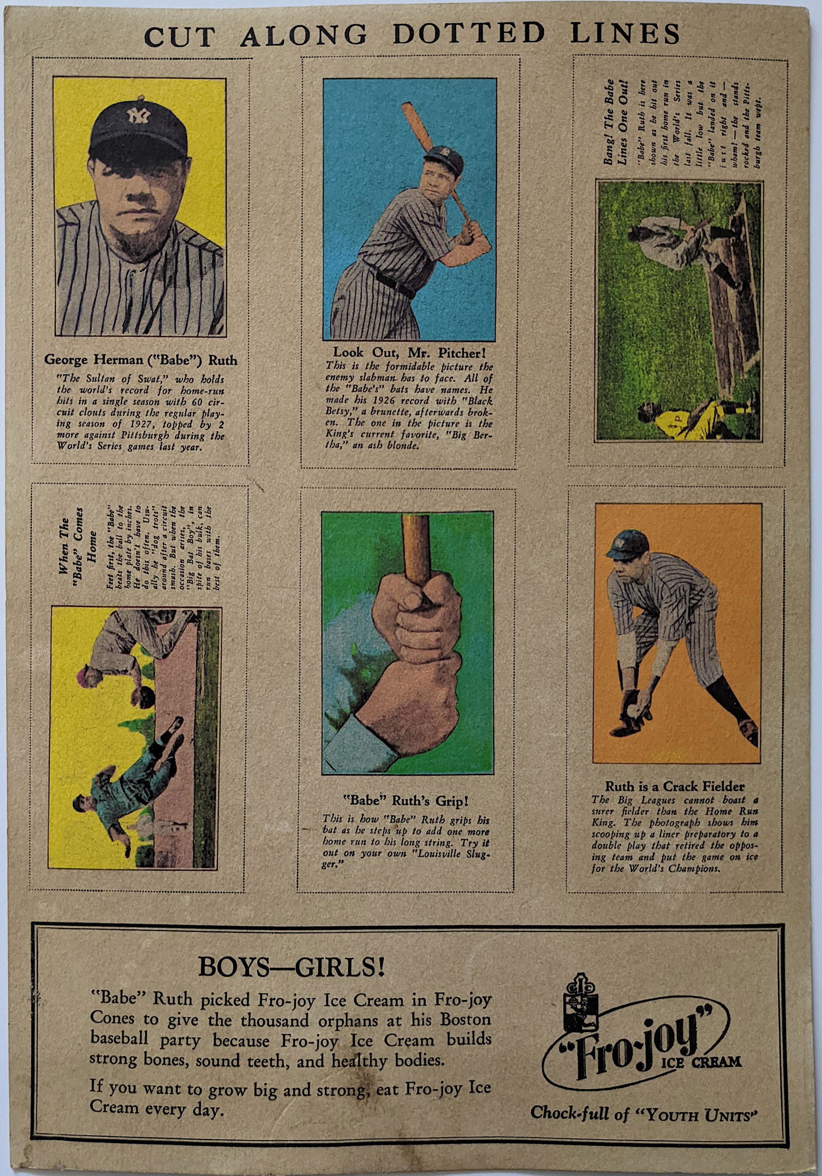 1929 Fro-Joy Ice Cream Magazine Ad Baseball Babe Ruth, (1 of 2)