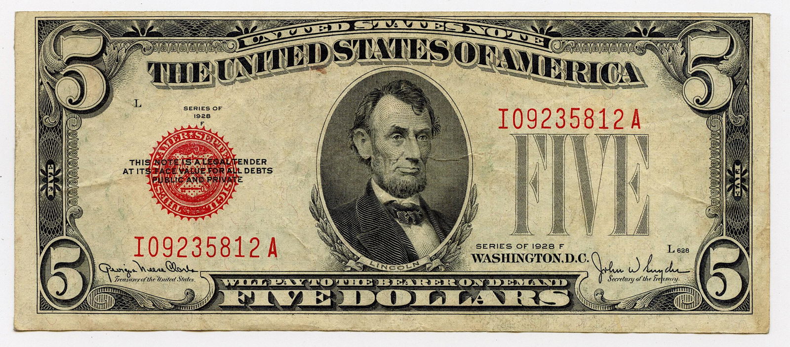 $5 Dollar Bill Series of 1928 F Red Seal: We have included high resolution images to show the condition (please, see included images). ABOUT SHIPPING: This lot is located in Boca Raton, Fl and its shipment will be made directly by Artelisted.