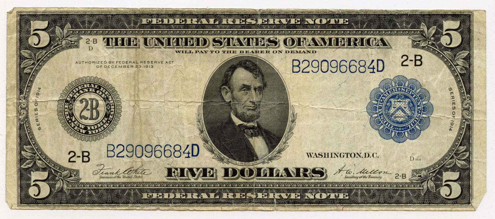 $5 Dollar Bill Series of 1914 Blue Seal: We have included high resolution images to show the condition (please, see included images). ABOUT SHIPPING: This lot is located in Boca Raton, Fl and its shipment will be made directly by Artelisted.