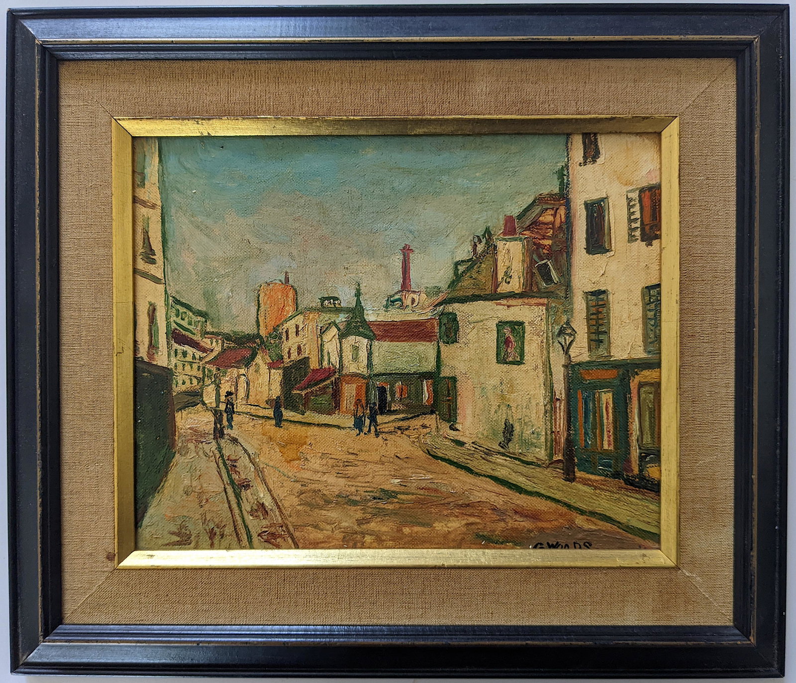 Early French Oil Paris Street Manner MAURICE UTRILLO: This painting is signed G. Woods, probably an american artist from Julian School in Paris during the early 20th. century. Provenance from a fine estate in Palm Beach. Original oil on artistic board wi