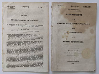 Rare Set 2 Publications Senate & House of Reps., 1828 and 1846: Duties on Imports and Memorial Legislature of Mississippi. This lot is located in Boca Raton, Fl and its shipment will be made directly by Artelisted. Shipping insurance is the responsibility of the