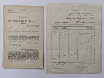 Rare Set 2 Senate and Permit Removal Cotton, 1883, 1867: Communication from the President of the United States, 1883 and Collector's Permit for the Removal of Cotton from Office of Collector of Internal Revenue, 1867.The dimensions are Approx. 3.75"x 3.5"