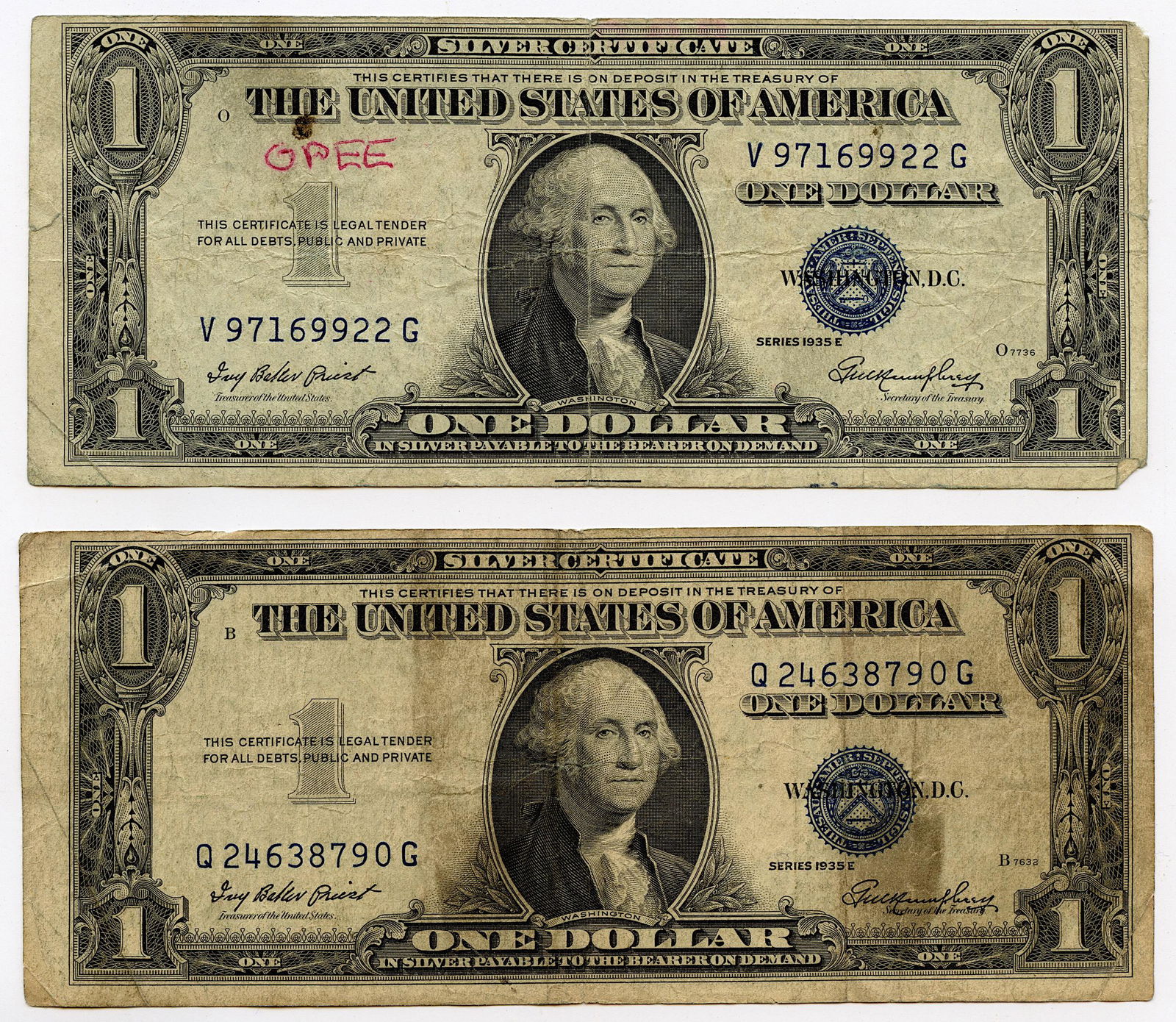 Pair $1 Dollar Bills Series 1935 E (1 of 2)