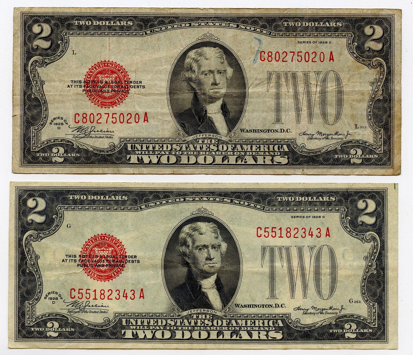 Pair $2 Dollar Red Seal Bills Series 1928 D: This lot is from a deceased collector in Central Florida. We have included high resolution images to show the condition (please, see included images). ABOUT SHIPPING: This lot is located in Boca Raton