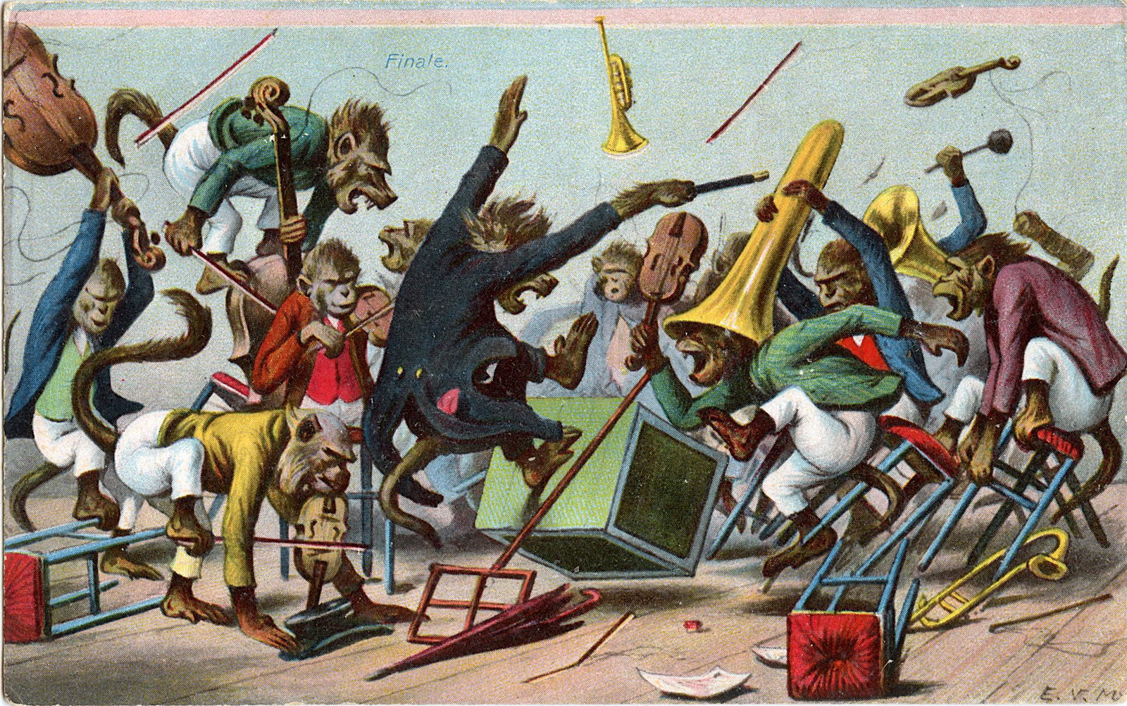 Antique Vintage Rare Postcard Illustration Monkeys Orchestra (1 of 2)