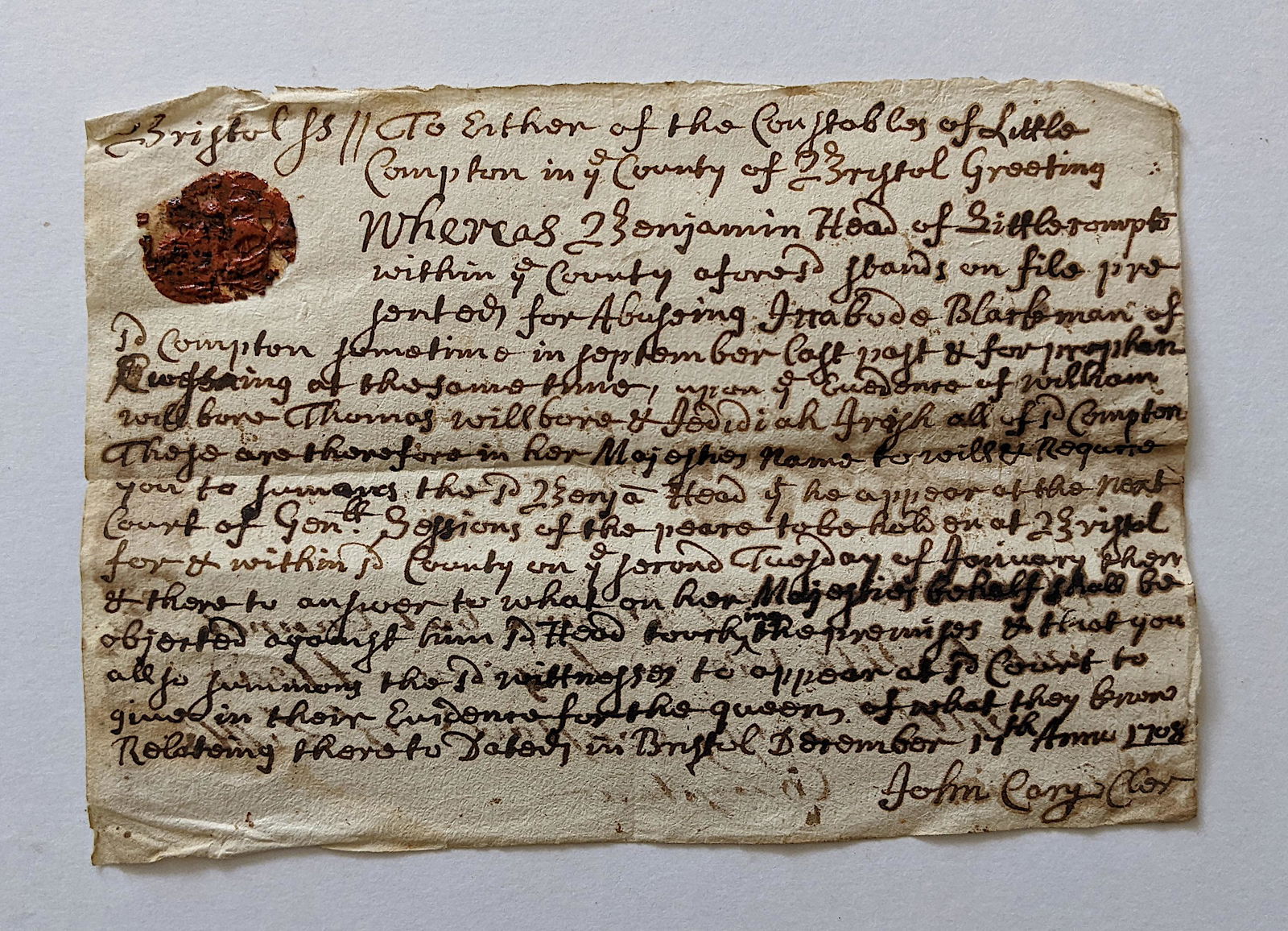 Authentic Document For Abusing a Slave Man, 1708 (1 of 2)