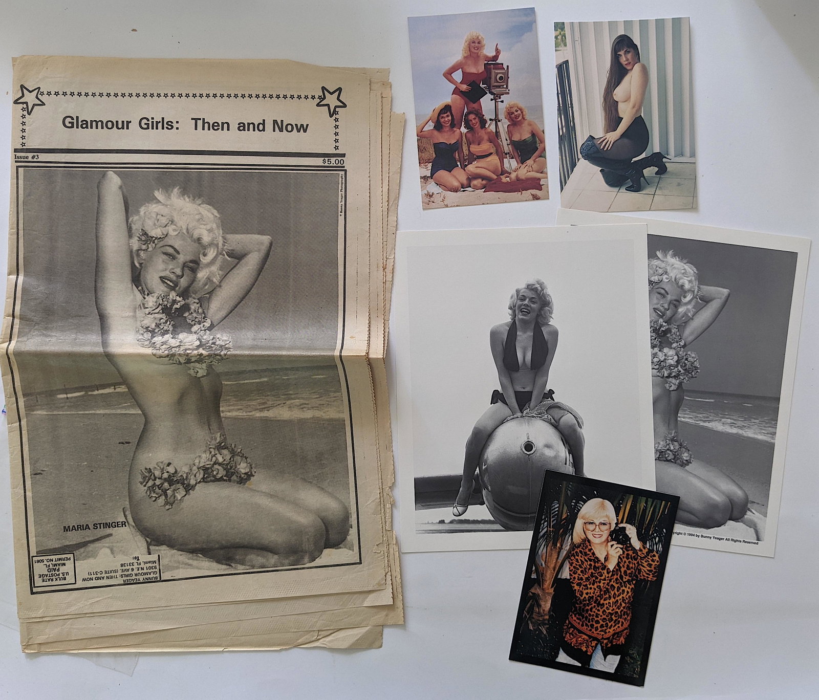 Set Vintage Glamour Girls & Bunny Yeager Ephemera Litho Prints: This lot is coming from Bunny Yeager's estate/archives. Linnea Eleanor "Bunny" Yeager (March 13, 1929 - May 24, 2014) was an American photographer and pin-up model. She met Bettie Page in 1954, and to