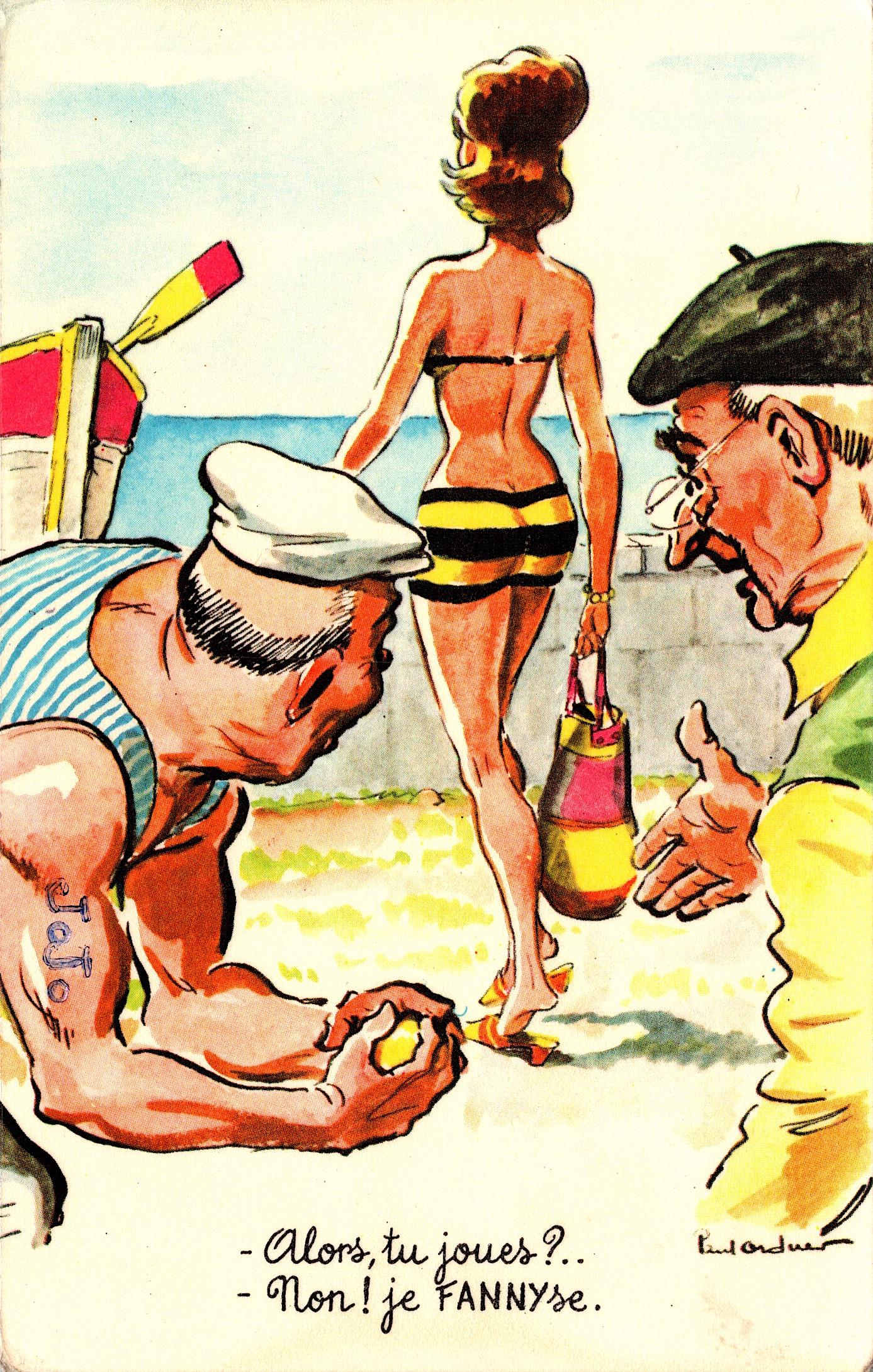 Antique Vintage Rare Postcard French Beach Illustration (1 of 2)