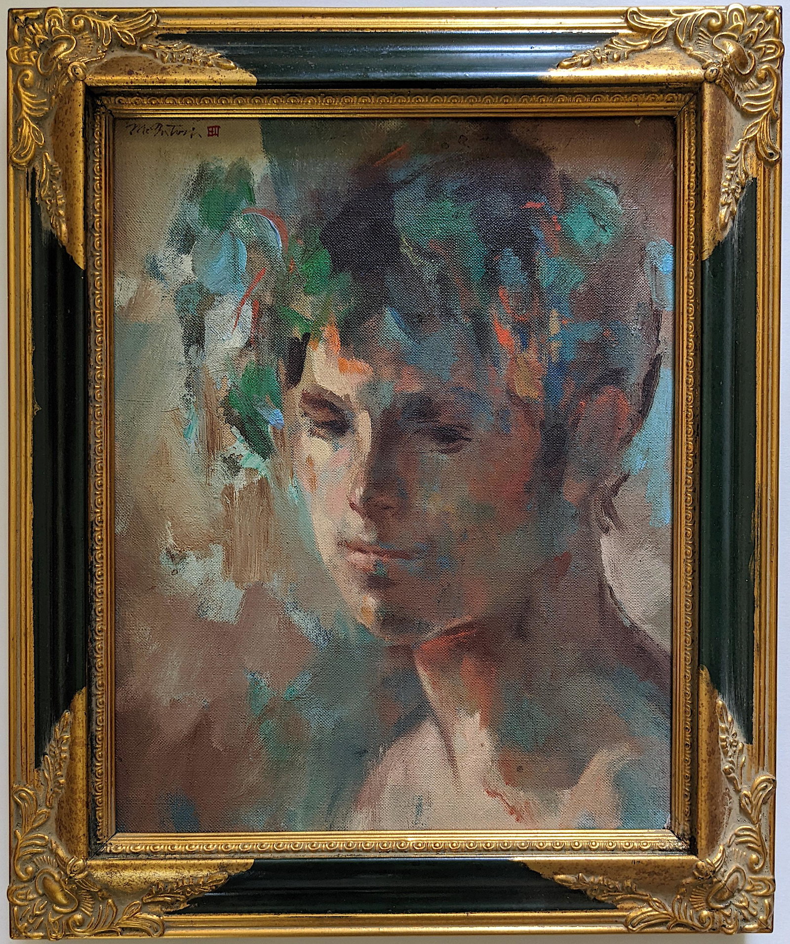 Vintage Oil Painting Impressionism Male Torse, 20th C.: This well done art work was influenced by the work of Wilhem Von Gloeden.The wooden frame is included. Provenance from the estate of deceased owners in South Florida. The dimensions are Approx. 14" x