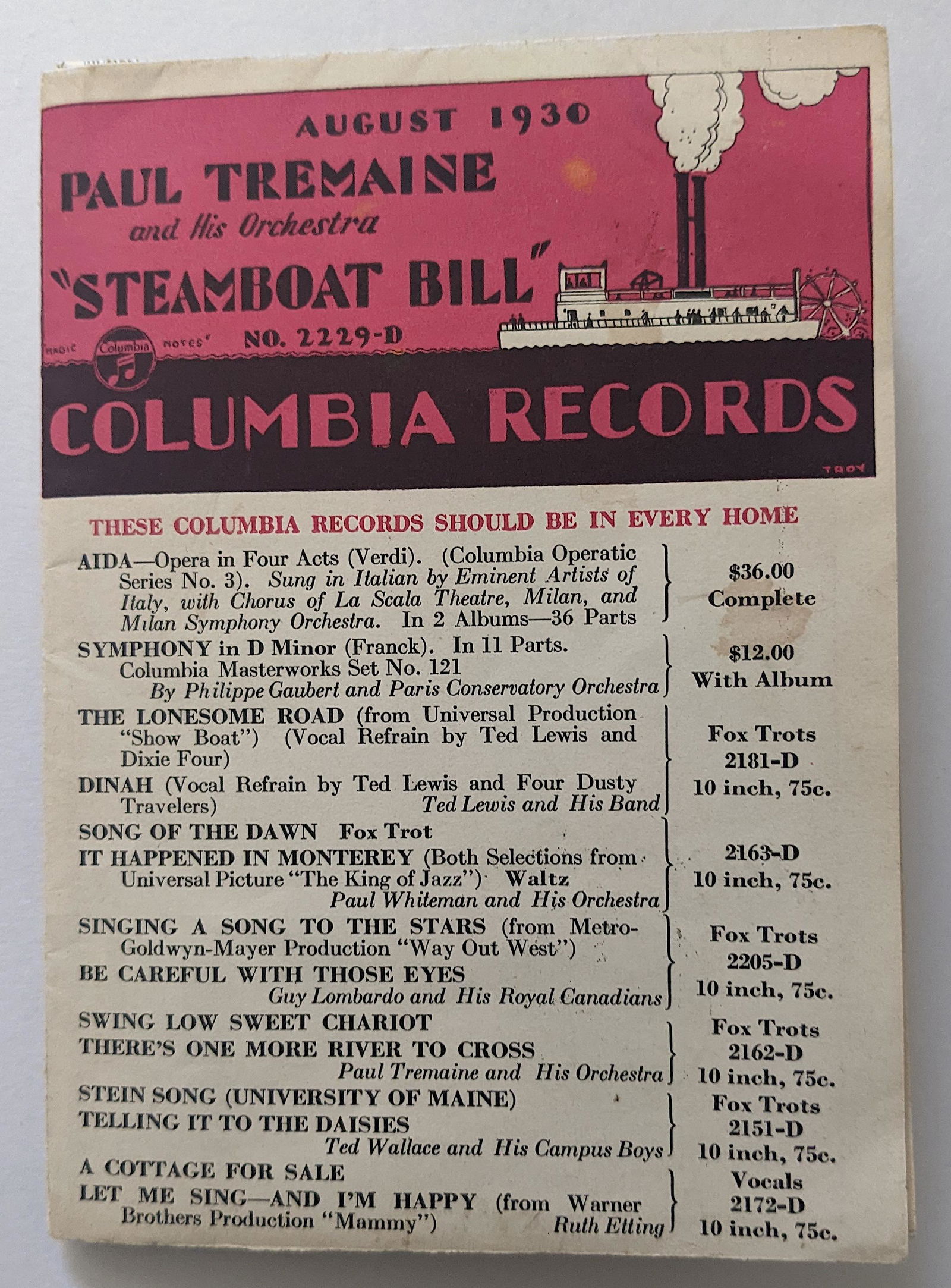 Antique Rare Ephemera Columbia Records, Aug. 1930 (1 of 3)