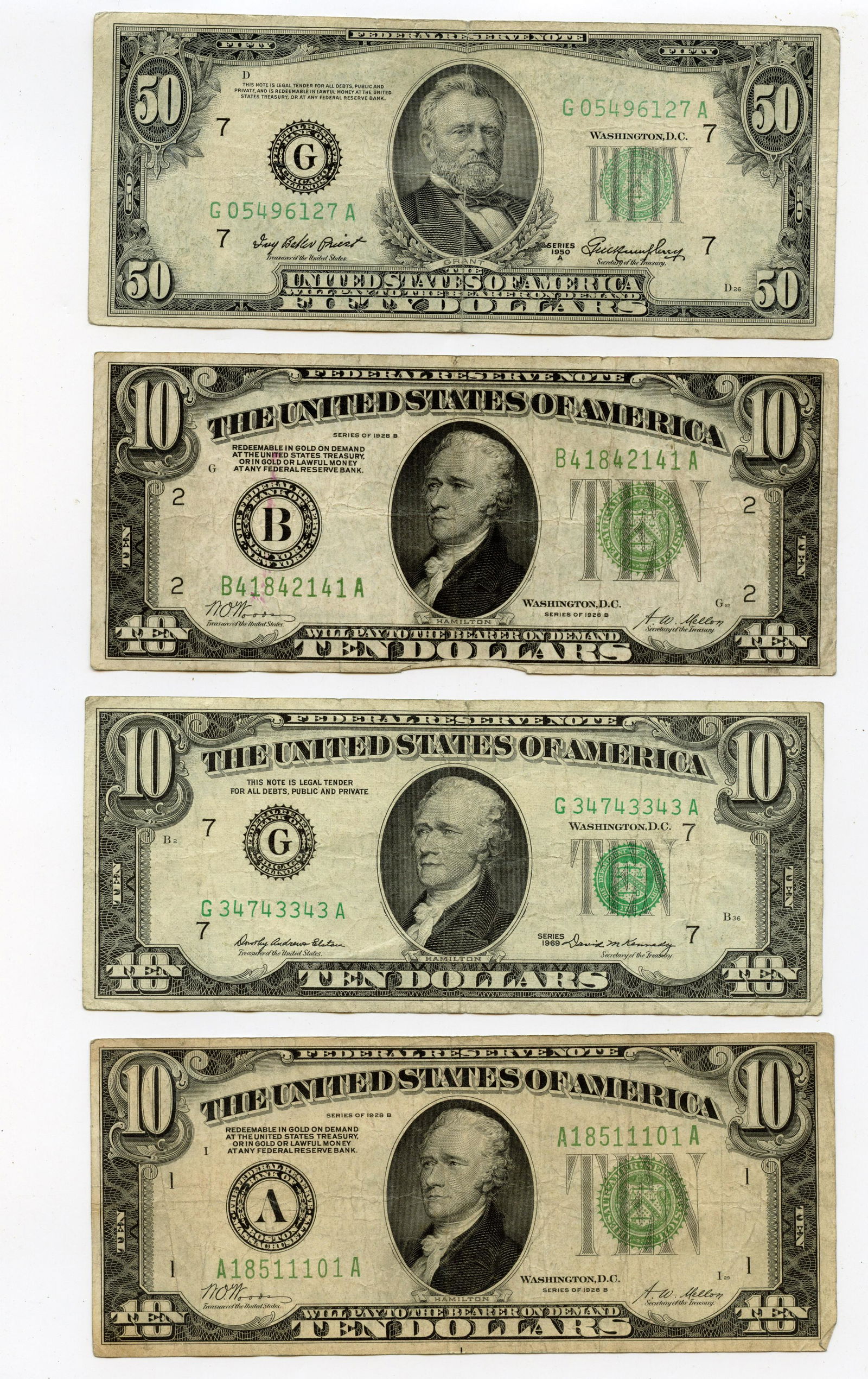 Set of 1 $50 and 3 $10 Dollar Bills Circulated Condition: These bills are in circulated condition. We have included quality images to show their condition. This lot is located in Boca Raton, Fl and its shipment will be made directly by Artelisted. Shipping i