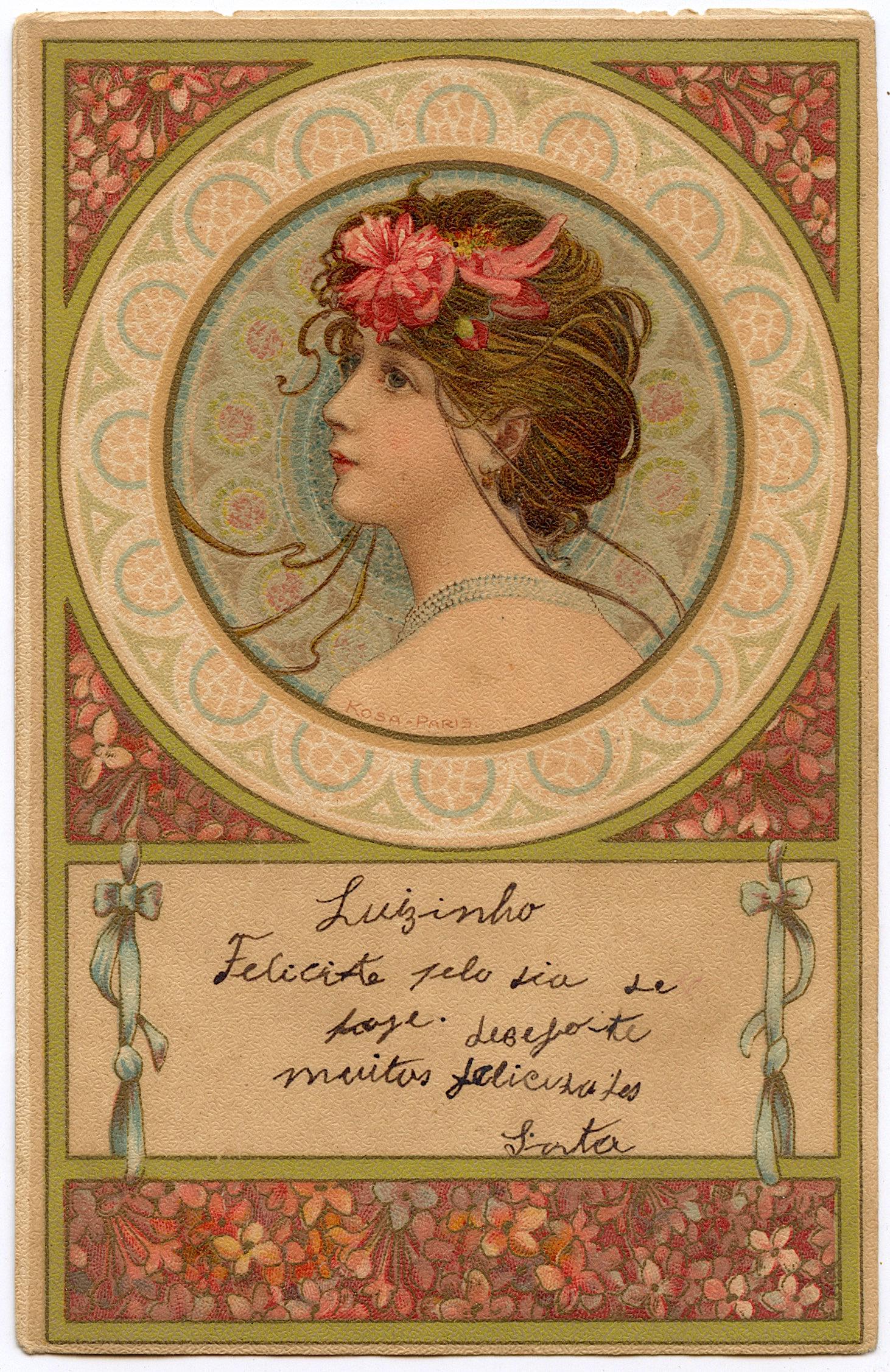 Antique Postcard Art Nouveau KOSA Paris: The dimensions of an antique/vintage postcard are Approx. 5.5"x 3.5" (small variances can occur). ABOUT SHIPPING: This lot is located in Boca Raton, Fl and its shipment will be made directly by Arteli
