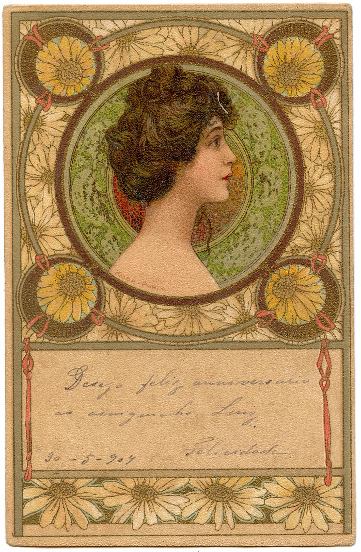 Antique Postcard Art Nouveau KOSA Paris: The dimensions of an antique/vintage postcard are Approx. 5.5"x 3.5" (small variances can occur). ABOUT SHIPPING: This lot is located in Boca Raton, Fl and its shipment will be made directly by Arteli