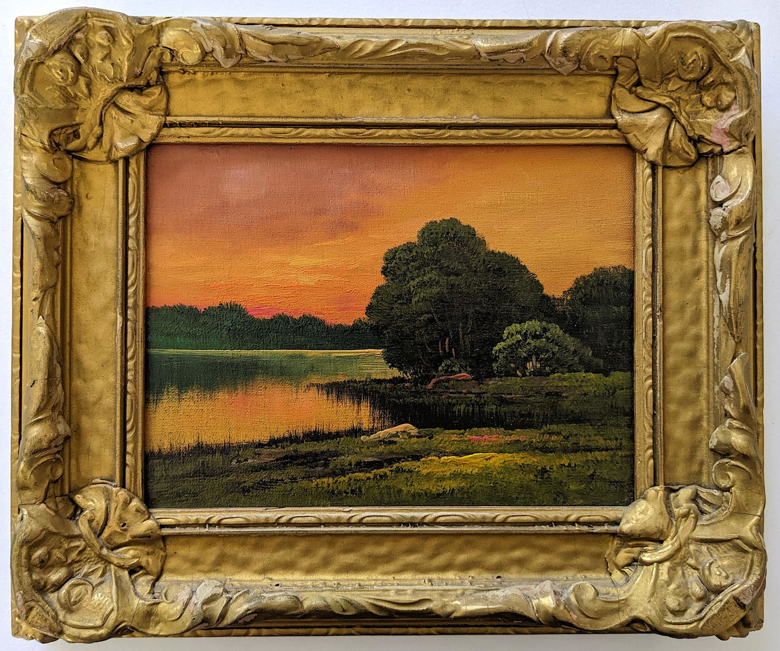 Antique American Oil Sunset River, Signed ? 19th. C. (1 of 4)