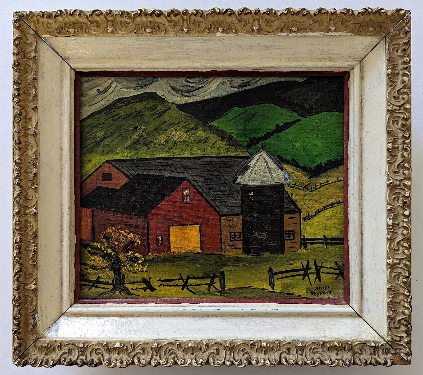 Antique Primitivism American Oil Art ALIEDA REYNOLDS: The provenance of this item is from a WWII veteran collector in Georgia and it is part of his collection from New Mexico (Including many Taos paintings). The dimensions are Approx. 6.25" x 7.25". The 