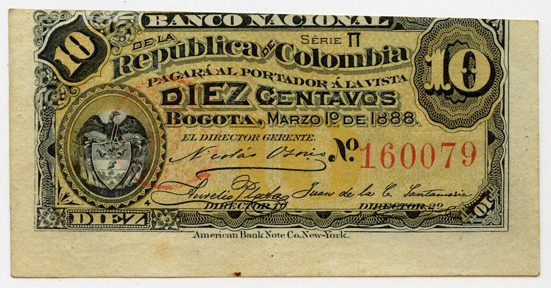 Bank Note Currency Money 10 Cent Colombia, 1888: We have included quality images to show their condition. Provenance from a deceased collector in Miami, FL. This lot is located in Boca Raton, Fl and its shipment will be made directly by Artelisted. 