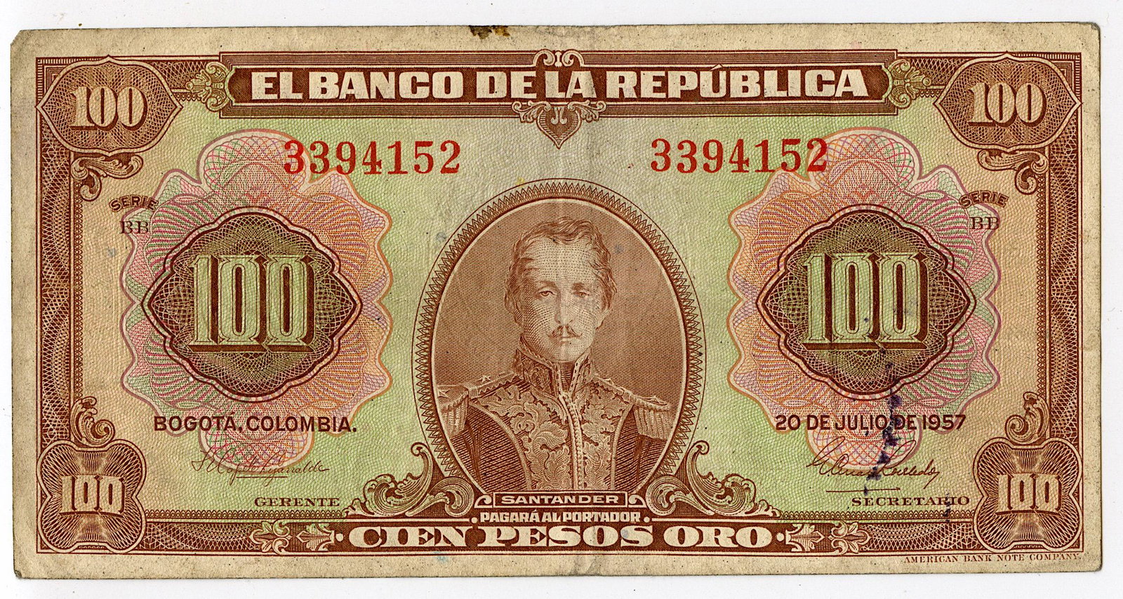 Bank Note Colombia Currency Money 100 Pesos, 1957: We have included quality images to show their condition. Provenance from a deceased collector in Miami, FL. This lot is located in Boca Raton, Fl and its shipment will be made directly by Artelisted. 
