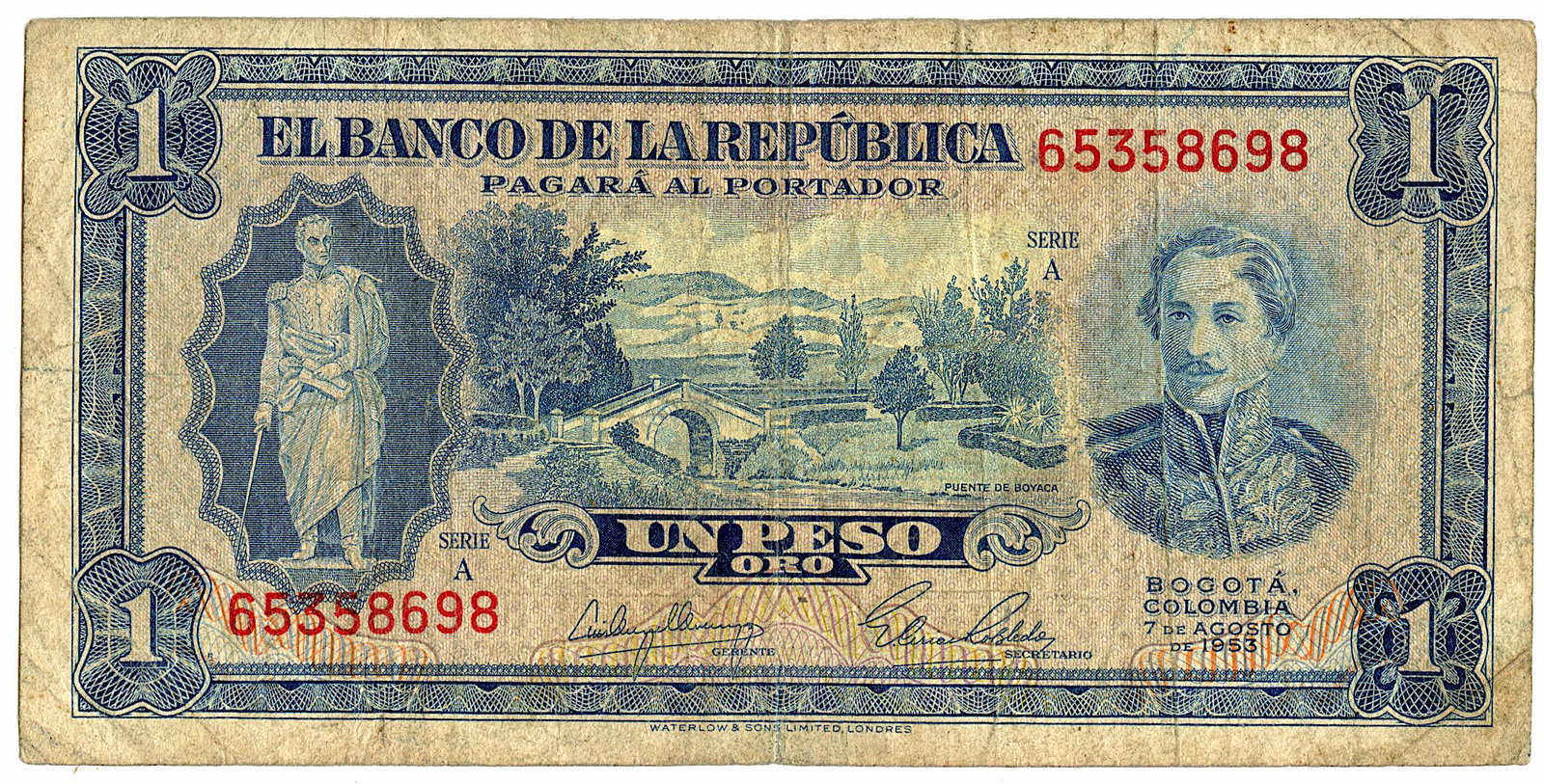 Bank Note Colombia Currency Money 1 Peso Oro, 1953: We have included quality images to show their condition. Provenance from a deceased collector in Miami, FL. This lot is located in Boca Raton, Fl and its shipment will be made directly by Artelisted. 