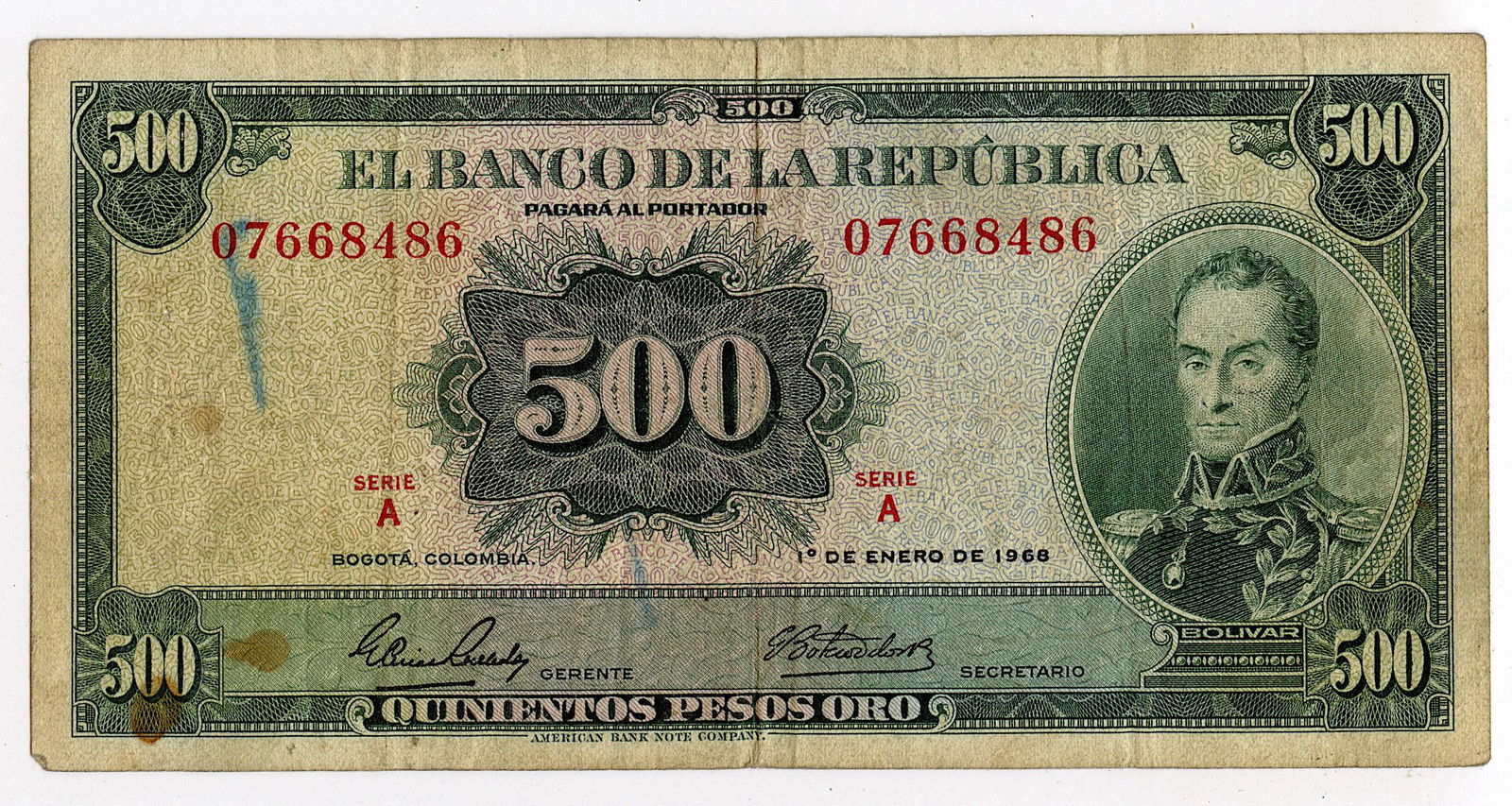 Bank Note Colombia Currency Money 500 Pesos, 1968 (1 of 2)