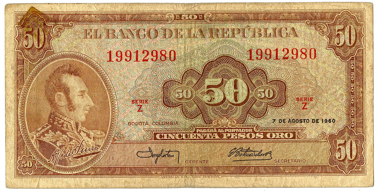 Bank Note Colombia Currency Money 50 Pesos, 1960 (1 of 2)