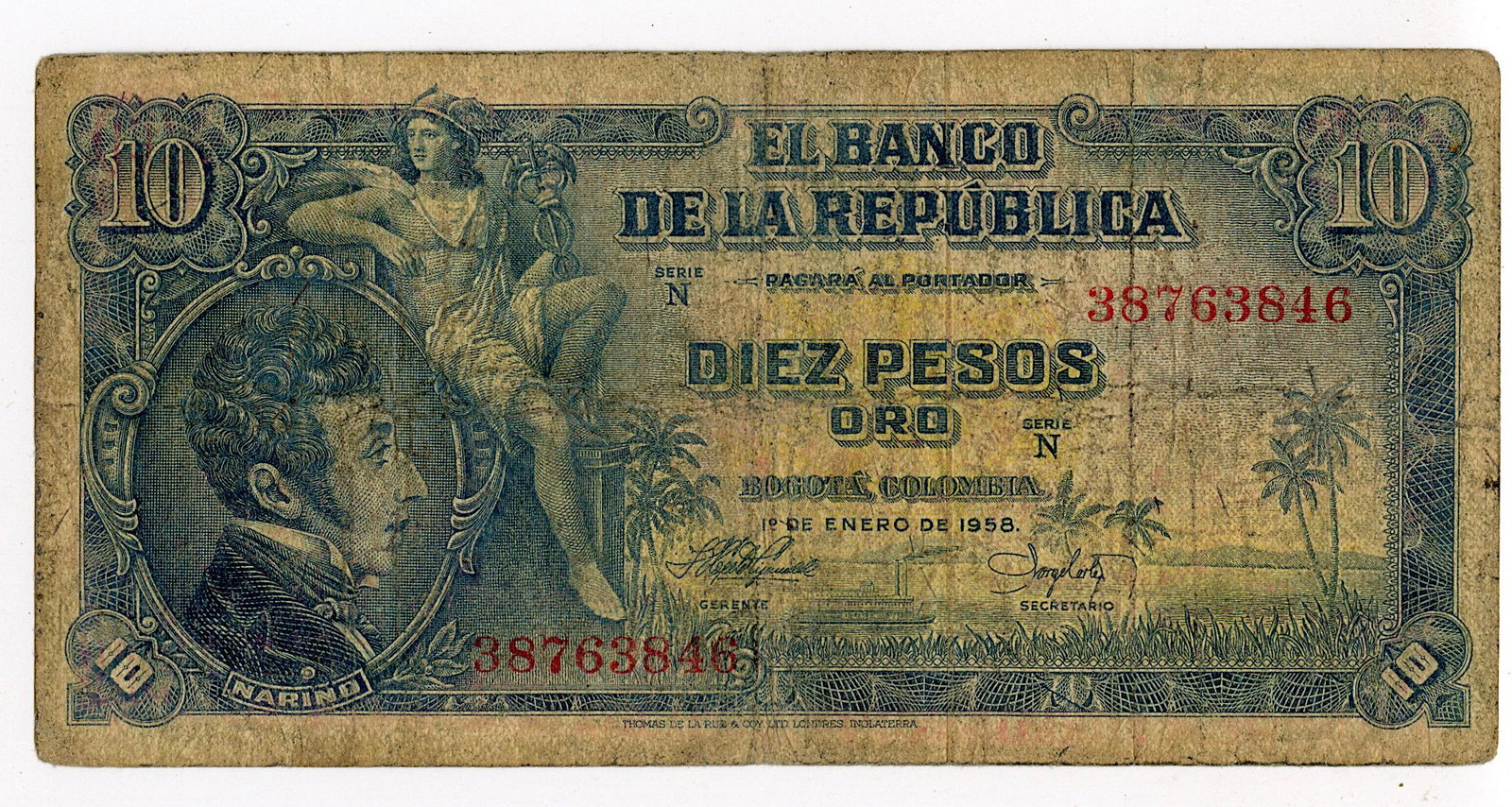 Bank Note Colombia Currency Money 10 Pesos, 1958: We have included quality images to show their condition. Provenance from a deceased collector in Miami, FL. This lot is located in Boca Raton, Fl and its shipment will be made directly by Artelisted. 