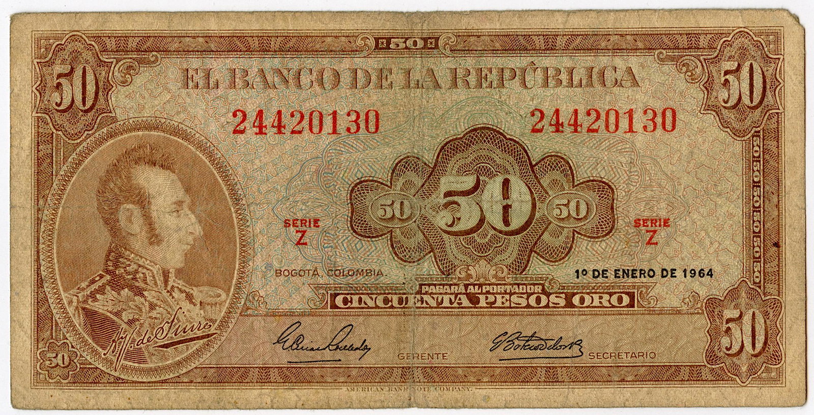 Bank Note Colombia Currency Money 50 Pesos, 1964: We have included quality images to show their condition. Provenance from a deceased collector in Miami, FL. This lot is located in Boca Raton, Fl and its shipment will be made directly by Artelisted. 