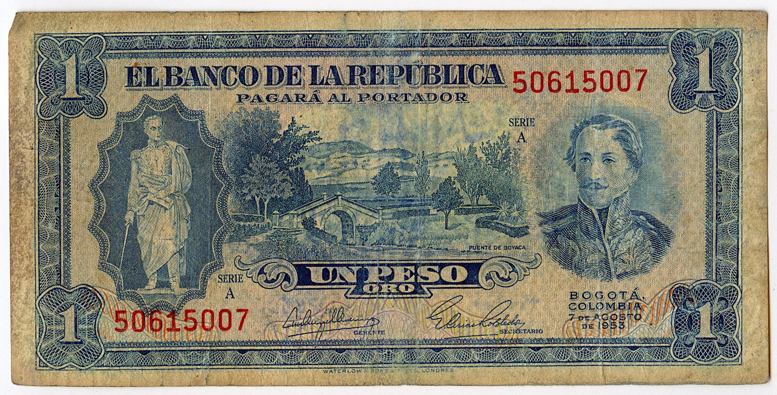 Bank Note Colombia Currency Money 1 Peso Oro, 1953: We have included quality images to show their condition. Provenance from a deceased collector in Miami, FL. This lot is located in Boca Raton, Fl and its shipment will be made directly by Artelisted. 