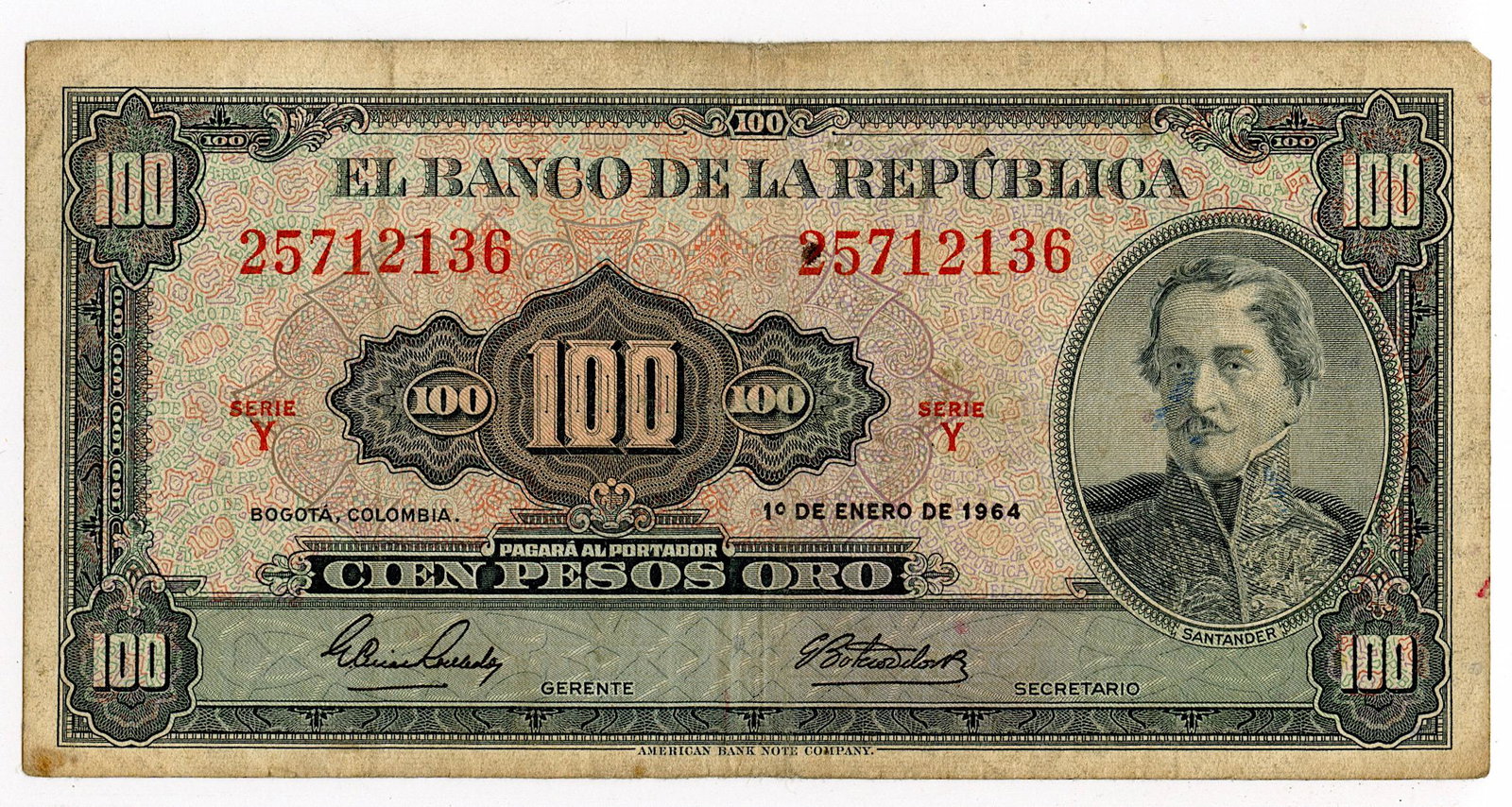 Bank Note Colombia Currency Money 100 Pesos, 1964: We have included quality images to show their condition. Provenance from a deceased collector in Miami, FL. This lot is located in Boca Raton, Fl and its shipment will be made directly by Artelisted. 