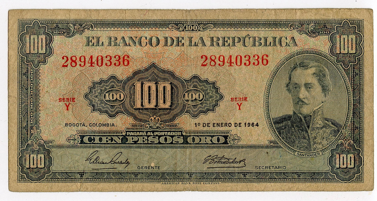 Bank Note Colombia Currency Money 100 Pesos, 1964: We have included quality images to show their condition. Provenance from a deceased collector in Miami, FL. This lot is located in Boca Raton, Fl and its shipment will be made directly by Artelisted. 