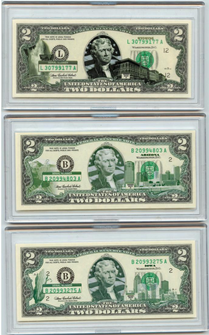 Currency Money Group Of Three $2 Bill State Collection (1 of 2)