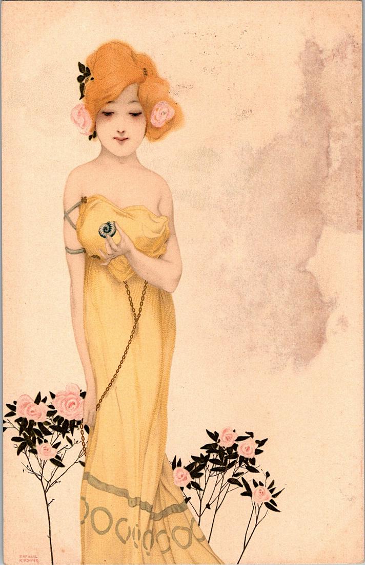Antique Postcard Art Nouveau RAPHAEL KIRCHNER: The dimensions of an antique/vintage postcard are Approx. 5.5"x 3.5" (small variances can occur). ABOUT SHIPPING: This lot is located in Boca Raton, Fl and its shipment will be made directly by Arteli