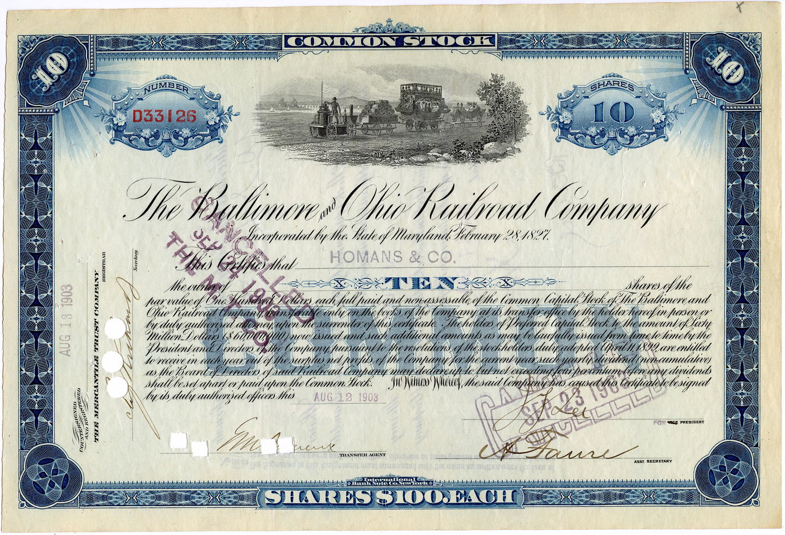 Vintage Stock Certificate The Baltimore and Ohio Railroad Co.: Provenance from a private collector in Palm Beach, Fl, US. ABOUT SHIPPING: This lot is located in Boca Raton, Fl and its shipment will be made directly by Artelisted. Shipping insurance is the respons