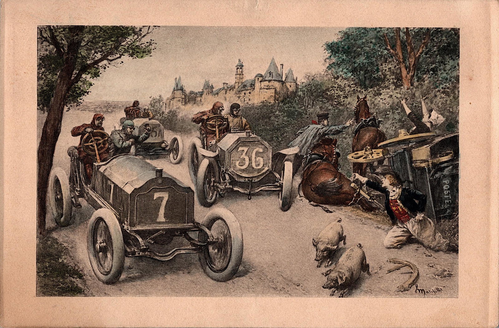 Antique Vintage Rare Postcard Art Car Racing: The dimensions of an antique/vintage postcard are Approx. 5.5"x 3.5" (small variances can occur). ABOUT SHIPPING: This lot is located in Boca Raton, Fl and its shipment will be made directly by Arteli