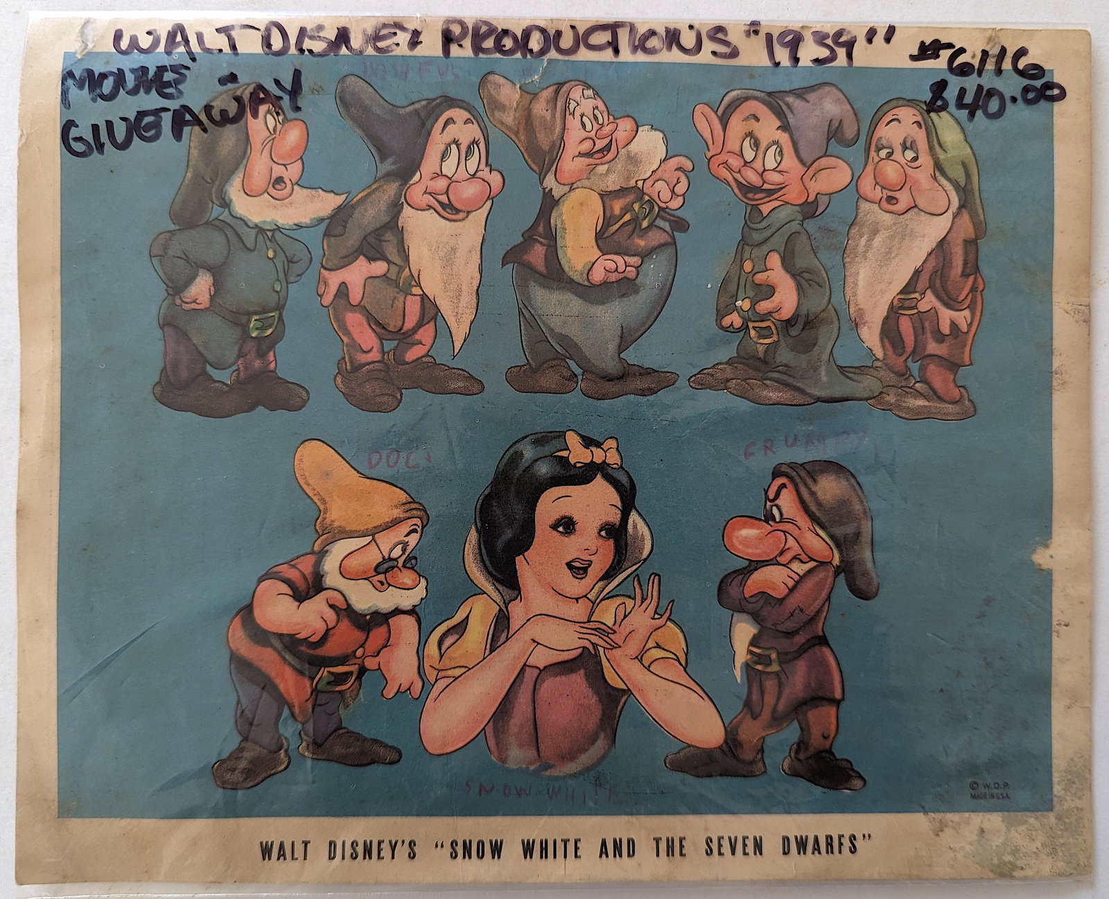 Disney SNOW WHITE And The Seven Dwarfs Boadway, 1939: We have included quality images to show their condition. This lot is located in Boca Raton, Fl and its shipment will be made directly by Artelisted. Shipping insurance is the responsibility of the buy