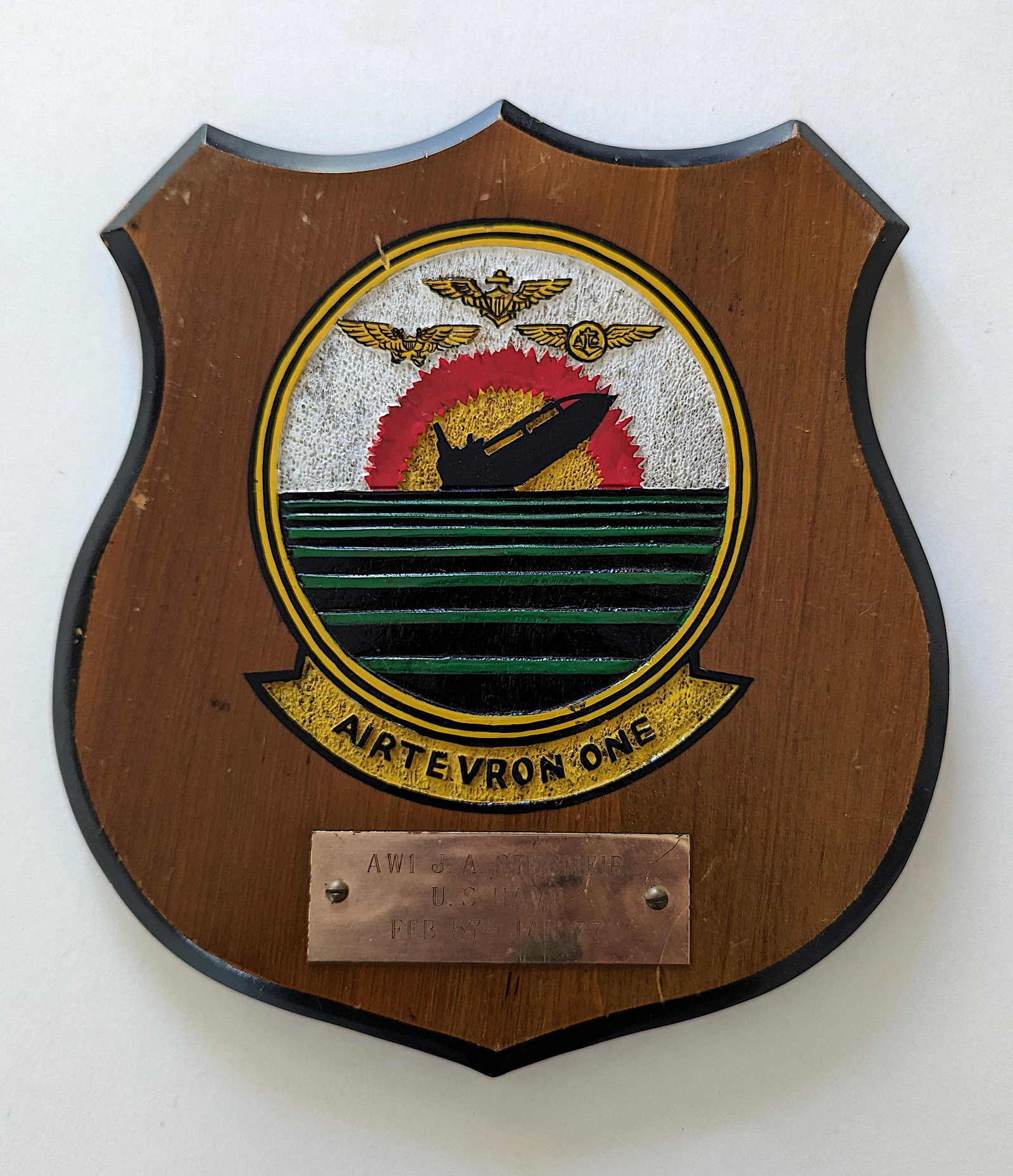 Vintage Military Wood Base Plaque AIRTE VRON ONE: We have included quality images to show their condition.The dimensions of a military plaque varies between Approx. 10" - 7" x 7"- 4". This lot is located in Boca Raton, Fl and its shipment will be mad