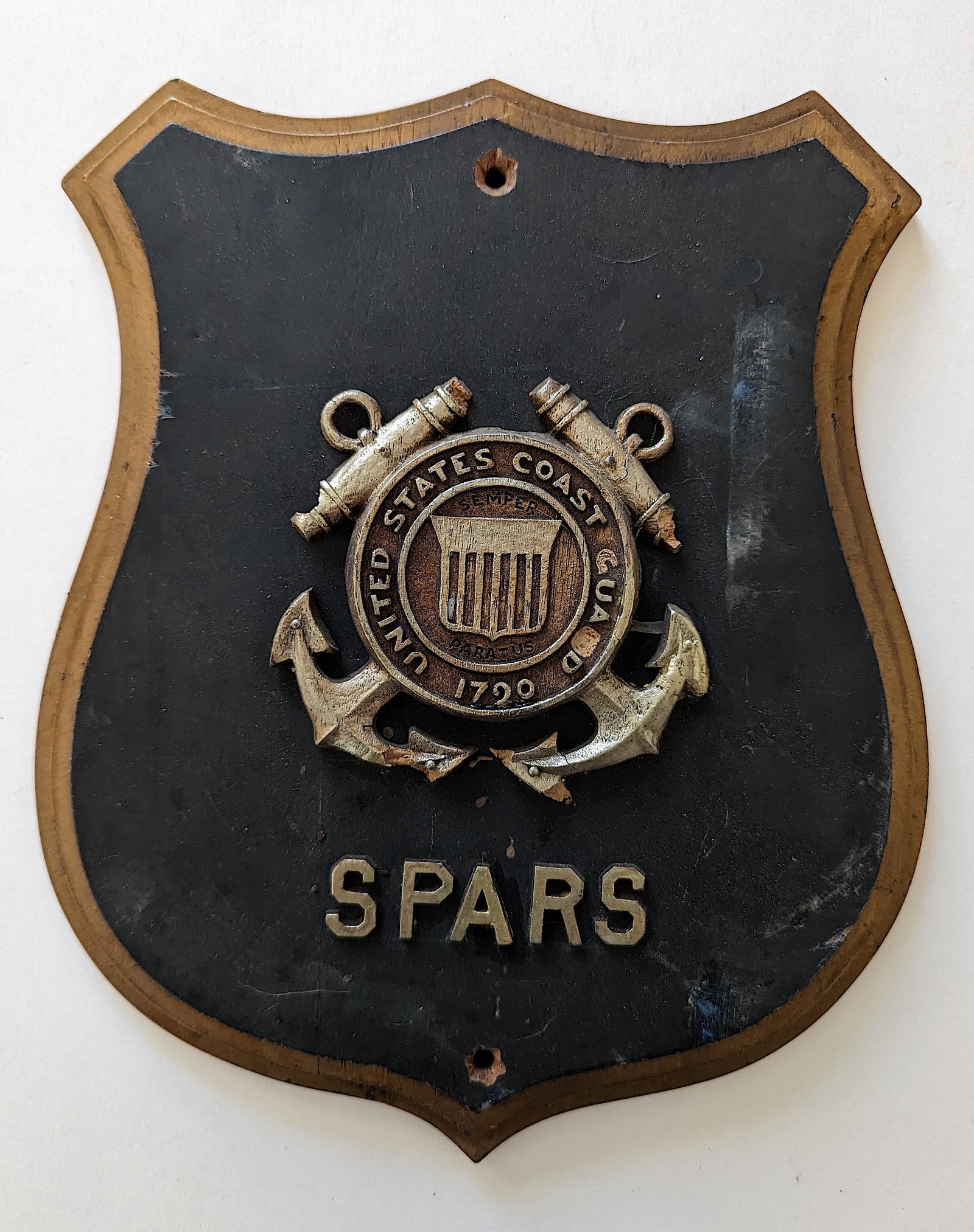 Vintage Military Wood Base Plaque SPARS Coast Guard: We have included quality images to show their condition.The dimensions of a military plaque varies between Approx. 10" - 7" x 7"- 4". This lot is located in Boca Raton, Fl and its shipment will be mad