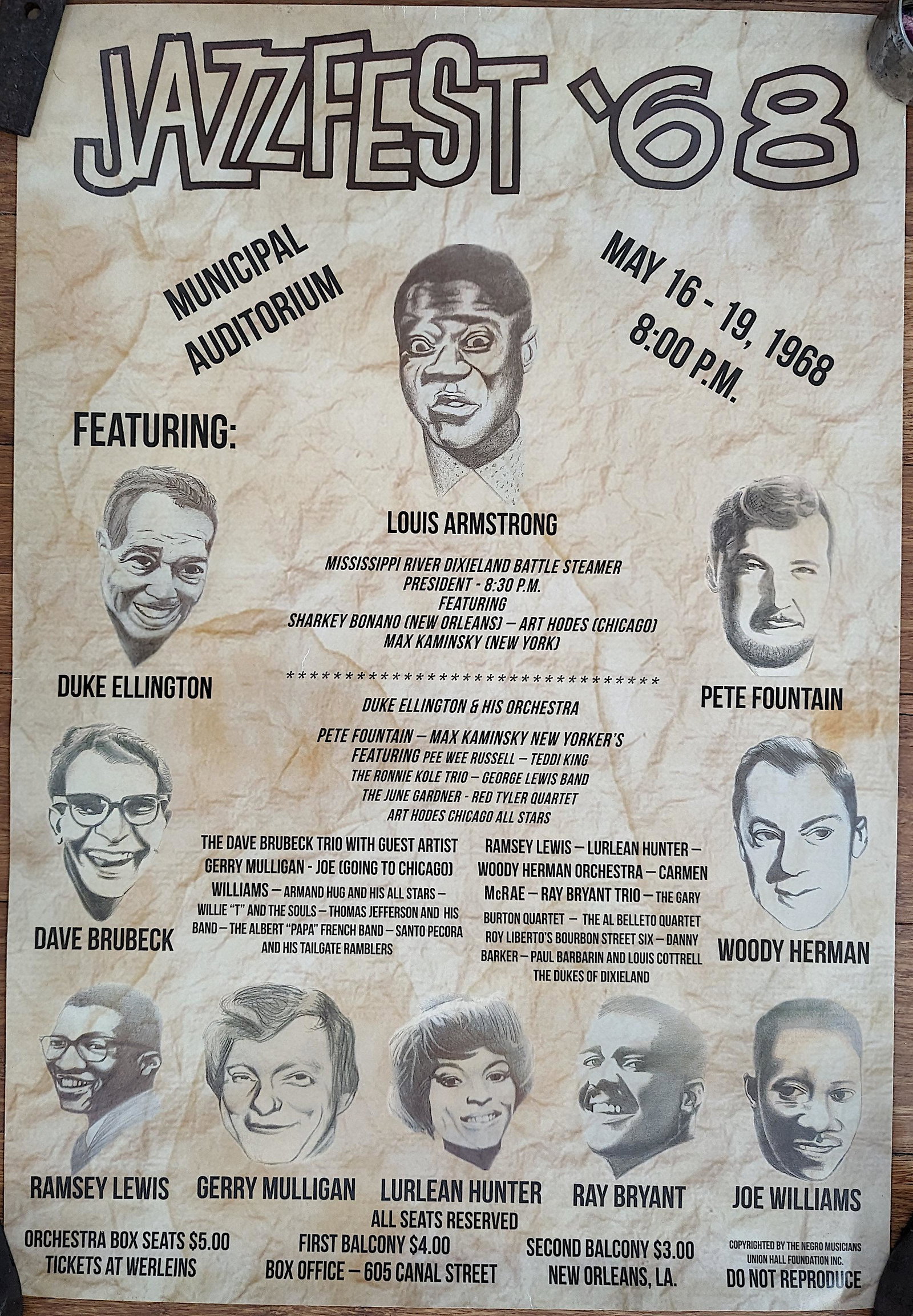 Vintage Poster JAZZFEST'68 New Orleans: This lot is from a Collector in New Orleans. The dimensions are Approx. 27.5" x 19". ABOUT SHIPPING: This lot is located in Boca Raton, Fl and its shipment will be made directly by Artelisted. Shippin