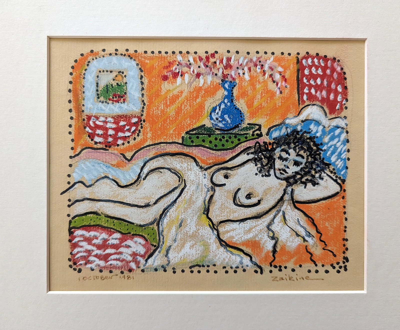 Original Painting by Zak Zaikine Female Nude, 1981: Mixta oil pastel on paper. We have included quality images to show the condition. Provenance from a deceased collector in Miami Beach. The dimensions are Approx. 6.5" x 8" (painting). The mat dimensio