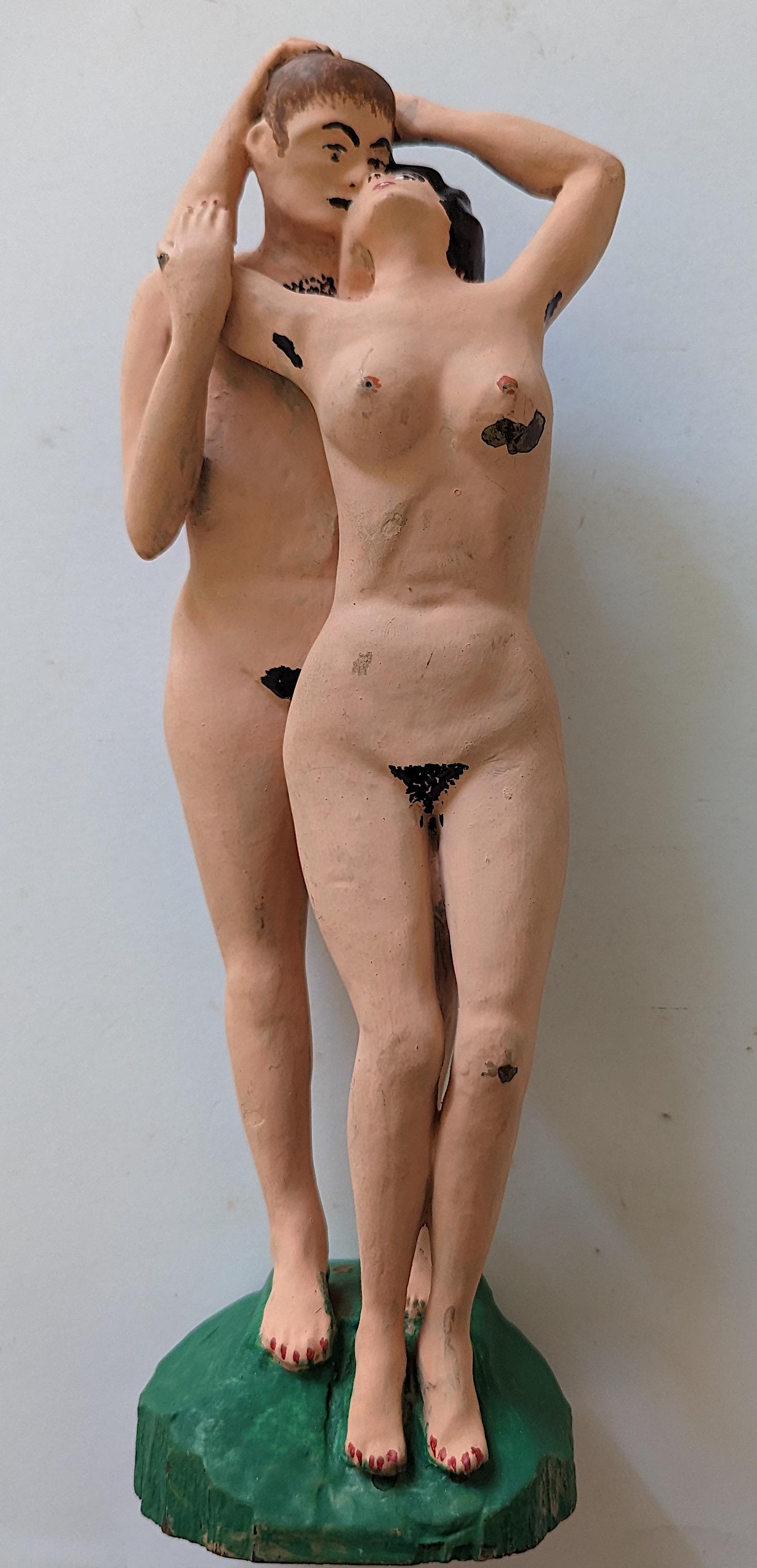 Vintage Art Deco Wood Carved Hand Painted Sculpture Nudes (1 of 5)