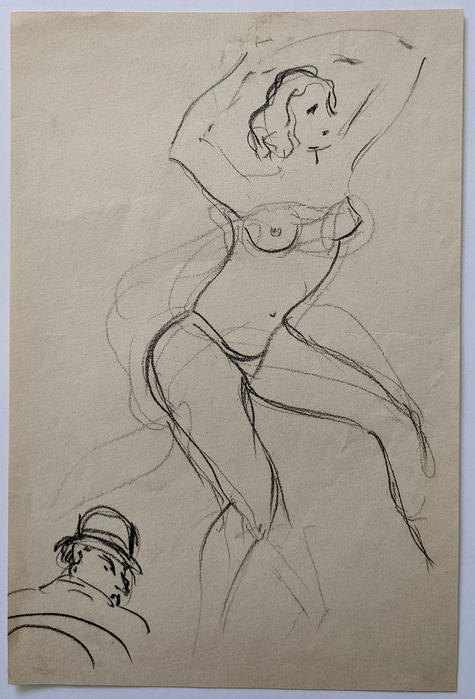Original Drawing Female Nude Dancer John Alfred Begg: Provenance from a estate of a deceased collector in Charleston, South Carolina. Well done hand painted drawing on paper with a dancer nude female. This fine artwork is signed on the back. The paper di