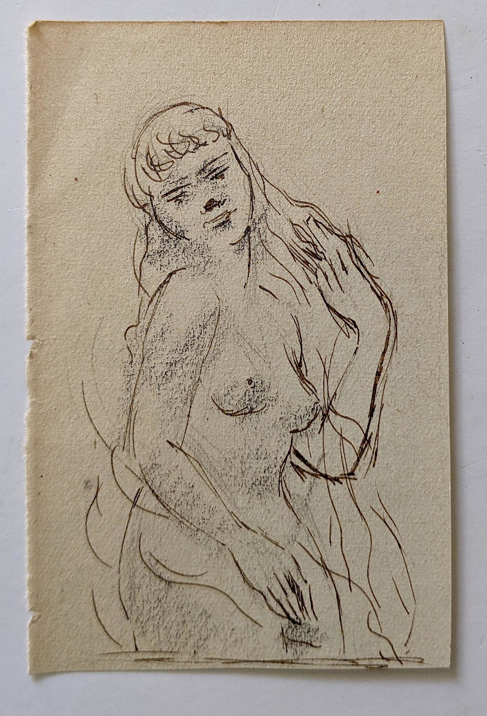 Sketch Early 20th C. American School Female Nude: Beautiful hand painted sketch with a female nude by a follower of Renoir. Our guess it is an early 20th. C. Creation. Unsigned. The dimensions are Approx. 3.5" x 2.25". The shipment will be made direc