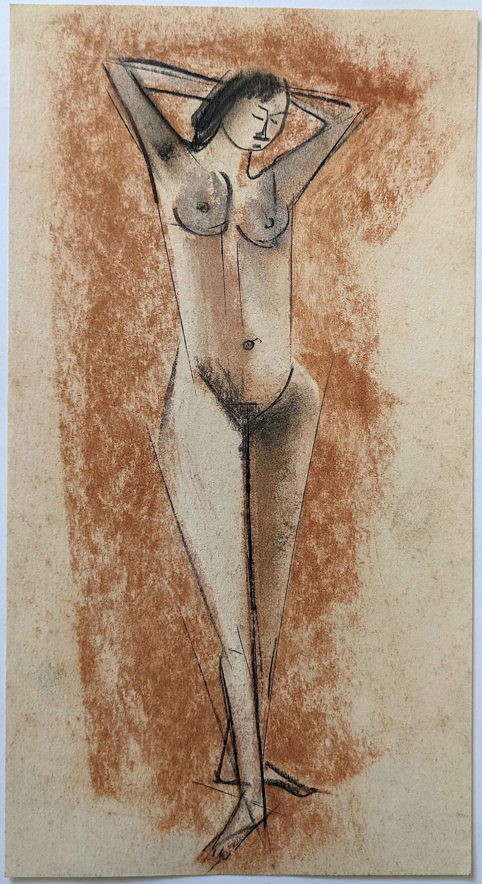 Original John Alfred Begg Modernistic Nude Drawing: Provenance from a estate of a deceased collector in Charleston, South Carolina. Well done hand painted mixta pastel drawing on paper with a dancer nude female. This fine artwork is unsigned. The paper