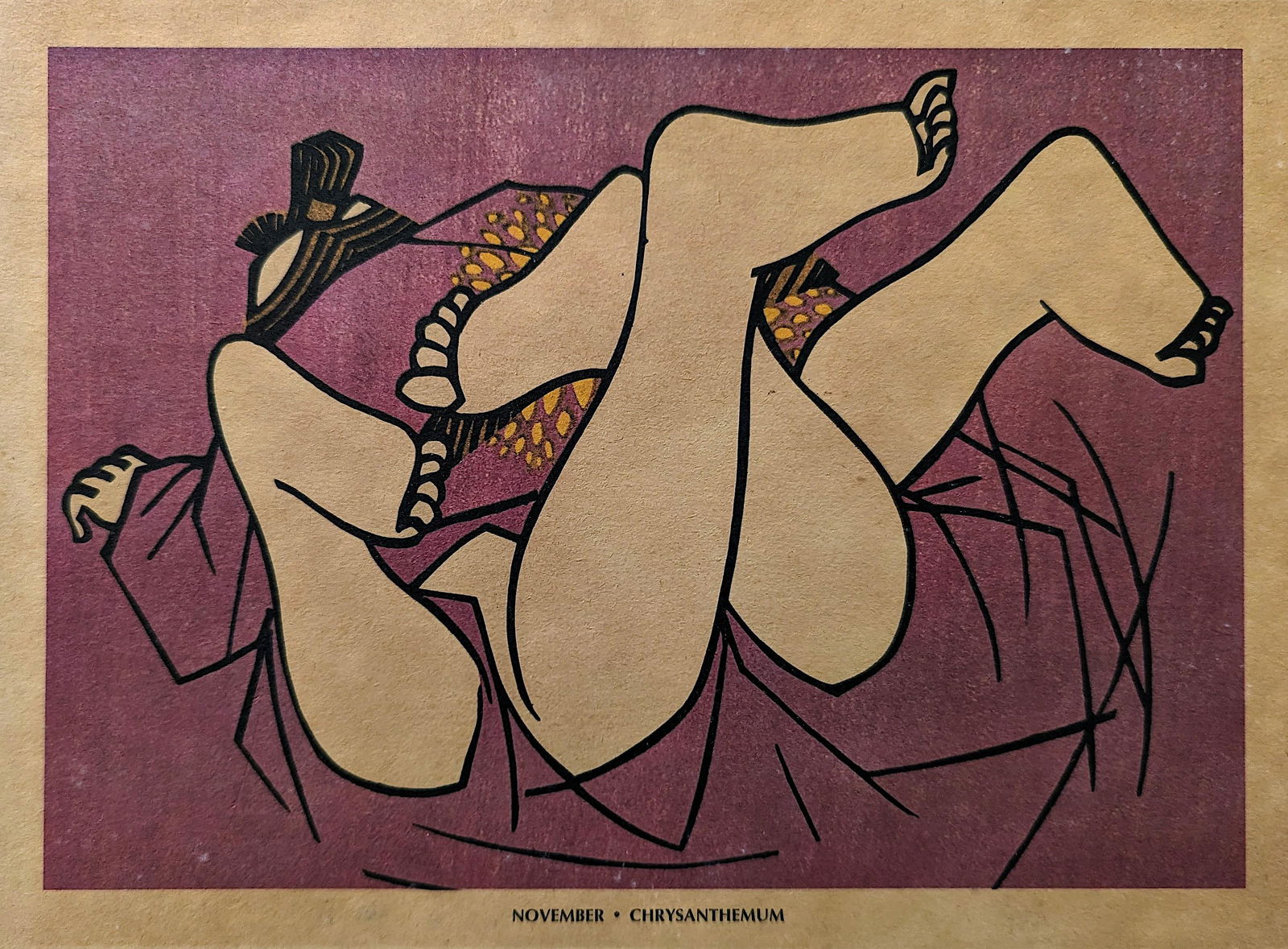 Vintage Woodblock Print Attrib. CLIFTON KARHU 1940s Period: Beautiful composition showing shunga position, one per each of the 12 months of the year. Our guess this print is from the WWII period. We have included quality images to show it's condition. The dime