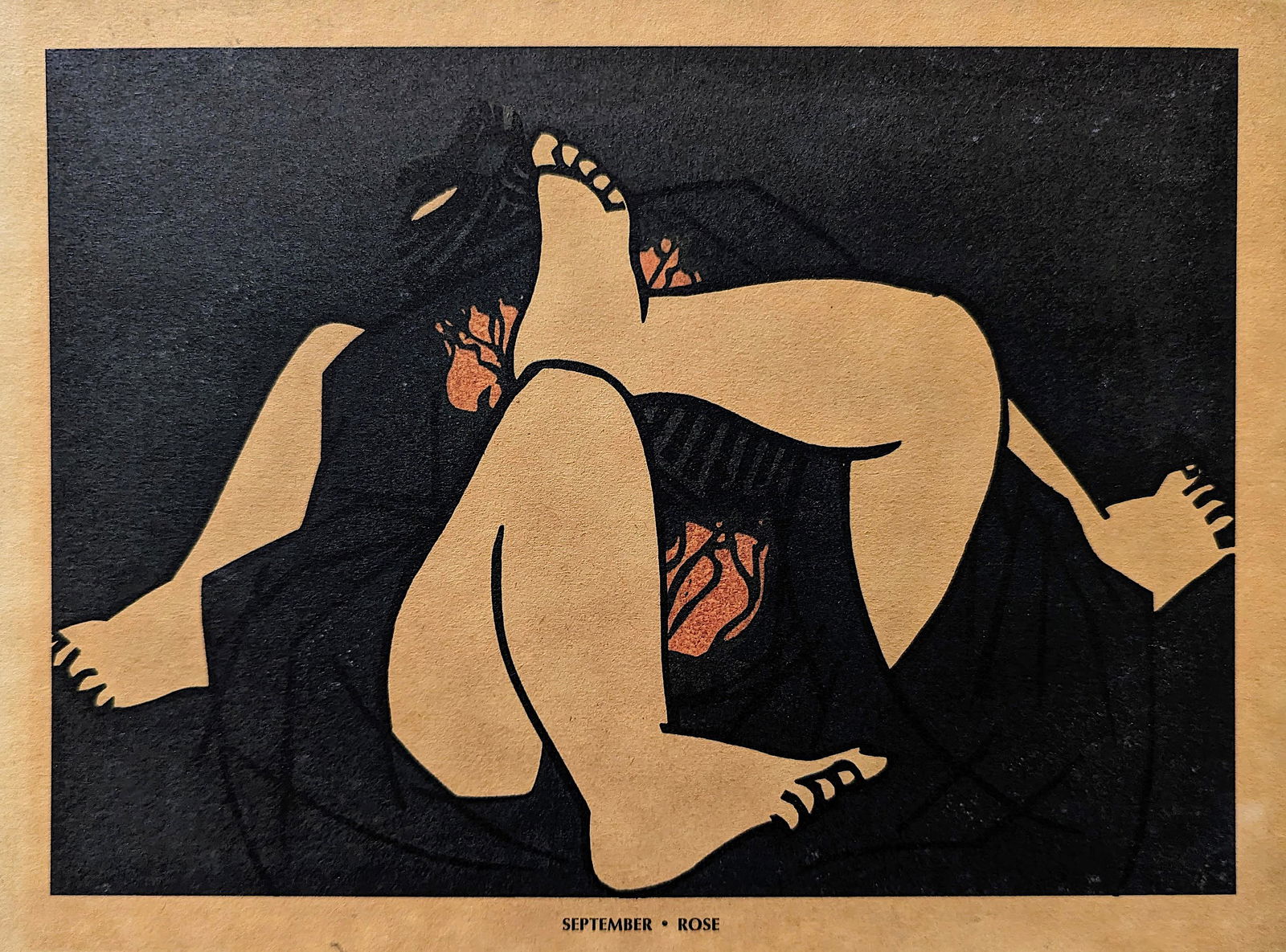 Vintage Woodblock Print Attrib. CLIFTON KARHU 1940s Period: Beautiful composition showing shunga position, one per each of the 12 months of the year. Our guess this print is from the WWII period. We have included quality images to show it's condition. The dime
