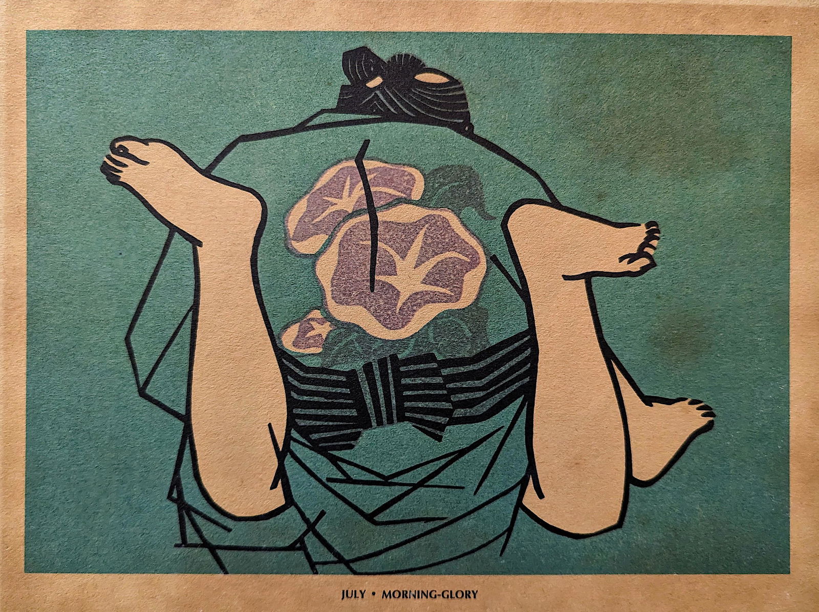 Vintage Woodblock Print Attrib. CLIFTON KARHU 1940s Period: Beautiful composition showing shunga position, one per each of the 12 months of the year. Our guess this print is from the WWII period. We have included quality images to show it's condition. The dime