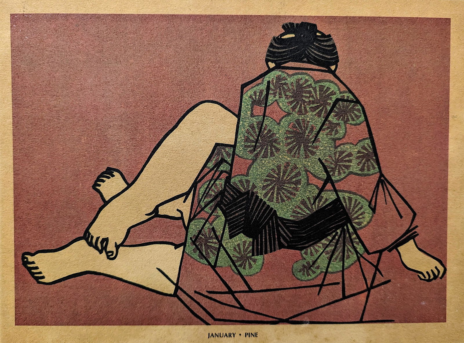 Vintage Woodblock Print Attrib. CLIFTON KARHU 1940s Period: Beautiful composition showing shunga position, one per each of the 12 months of the year. Our guess this print is from the WWII period. We have included quality images to show it's condition. The dime