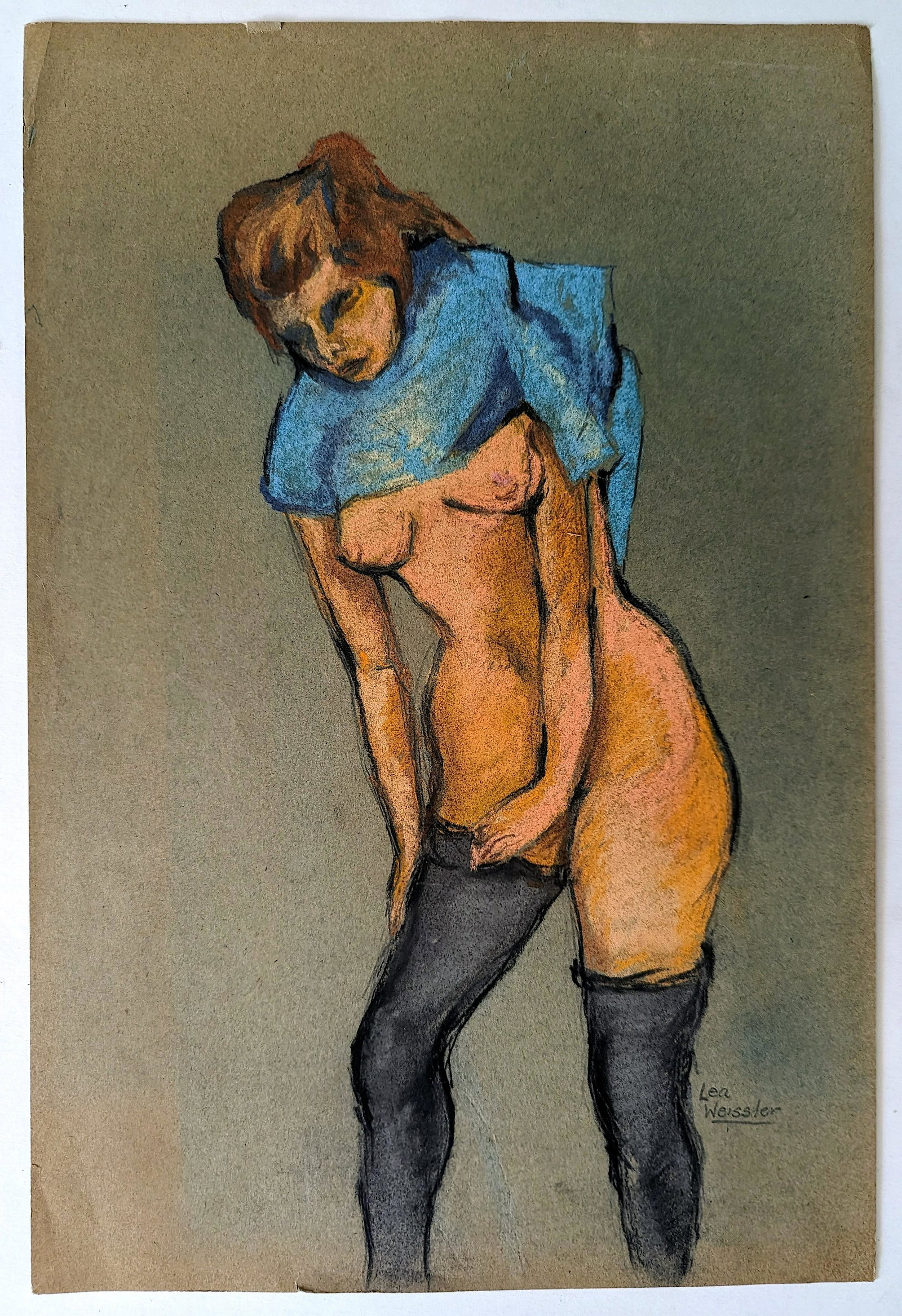 Original Vintage Oil Pastel Artwork of a Prostitute, Signed: Signed in pencil lower right Lea Weissler. The paper dimensions are Approx. 18" x 12". ABOUT SHIPPING: This lot is located in Boca Raton, Fl and its shipment will be made directly by Artelisted. Shipp